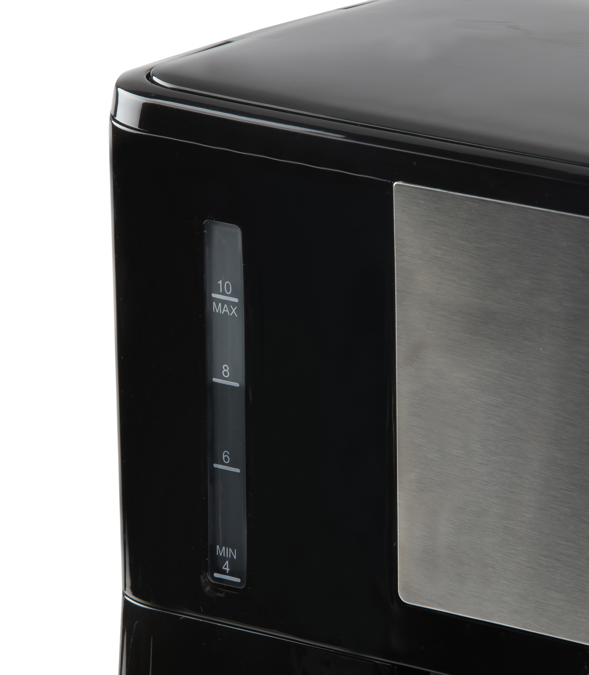 Side view of a black coffee machine featuring a water level indicator with markings from MIN 4 to 10 MAX.