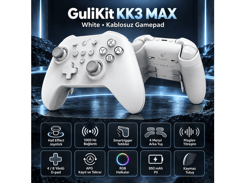 GULIKIT KK3 Max Smartrigger Hall Effect Destekli (NS39) PC Kablosuz Gamepad Beyaz