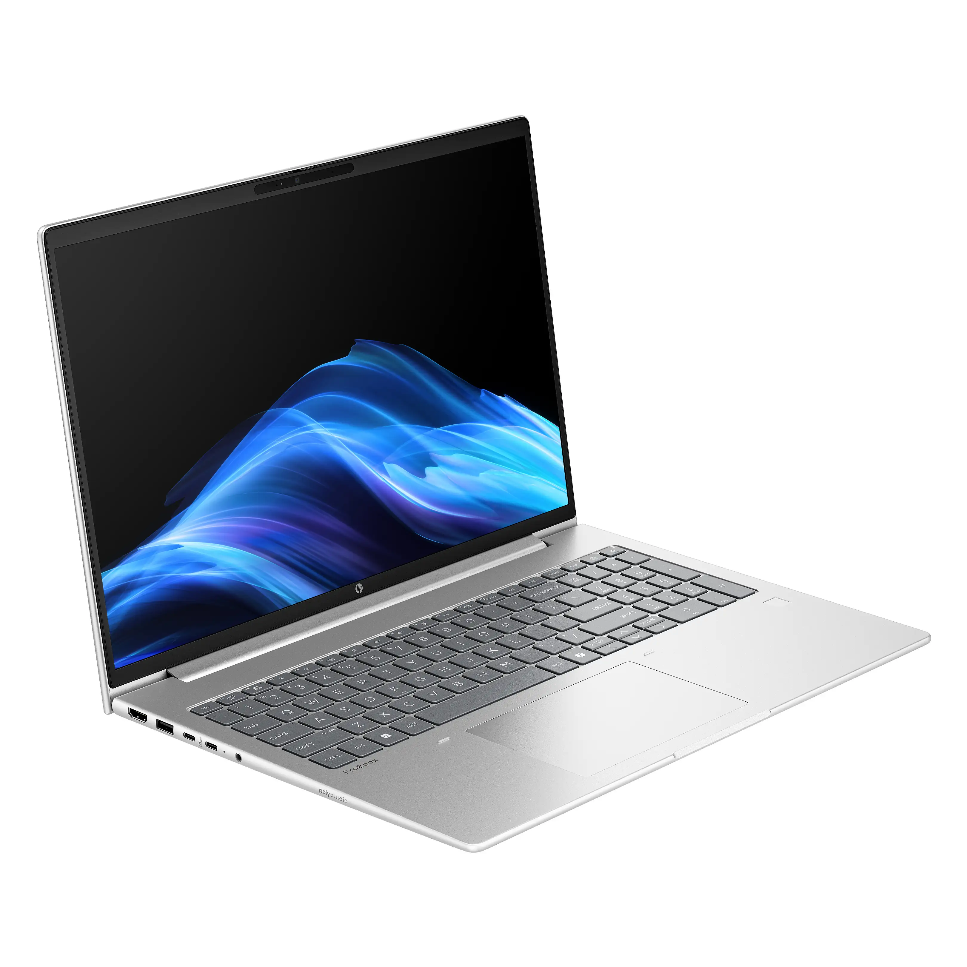 Un laptop HP ProBook argento con tastiera nera e motivo a onde blu sullo schermo su sfondo bianco.