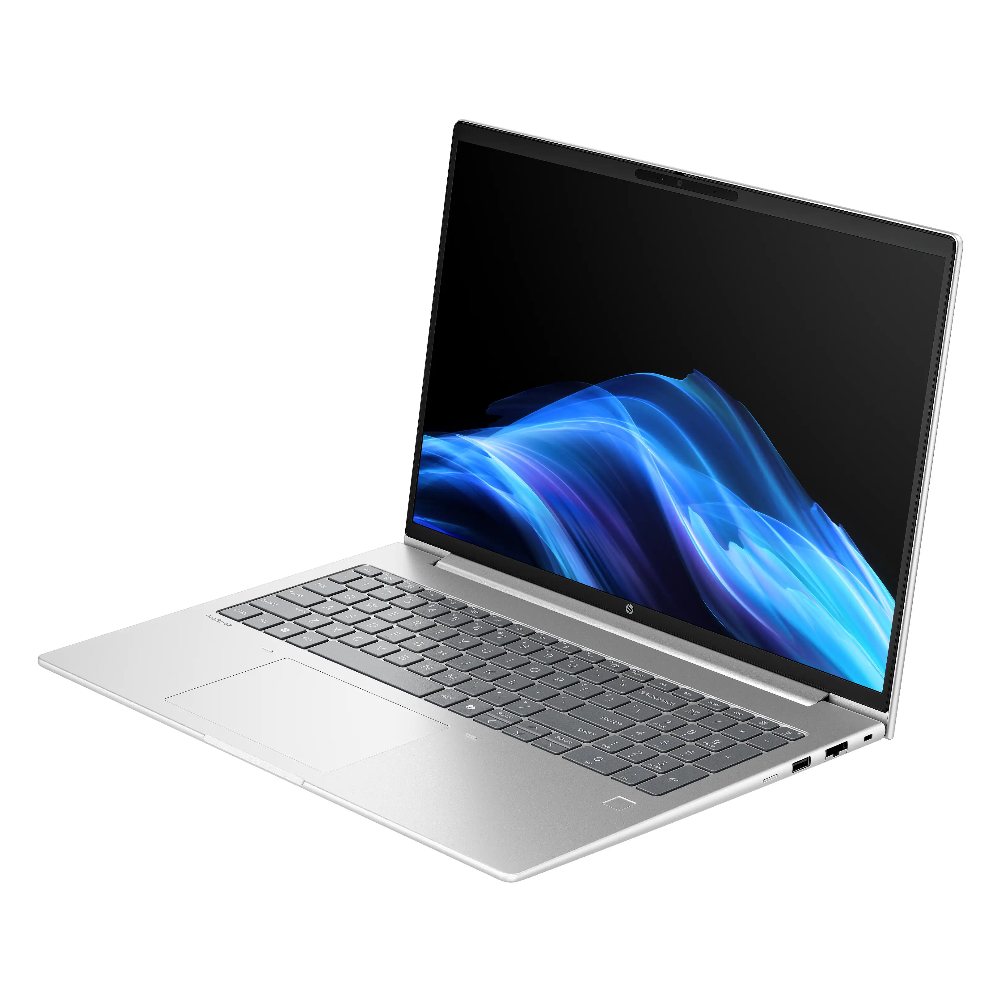 Un laptop argento su sfondo bianco mostra un motivo a onde blu sullo schermo.