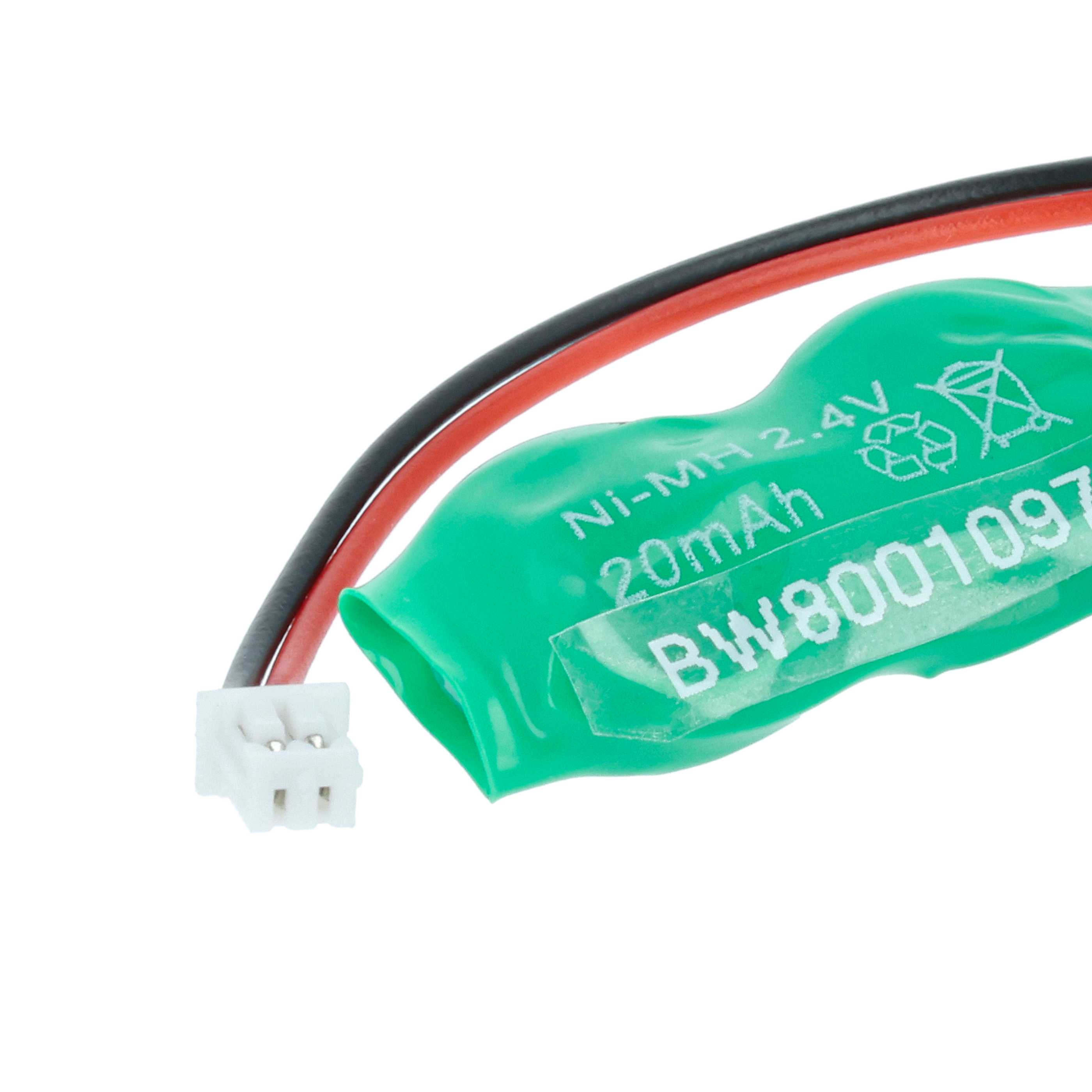 Ein kleiner grüner Ni-MH-Akku mit roten und schwarzen Kabeln und weißem Stecker auf weißem Hintergrund.