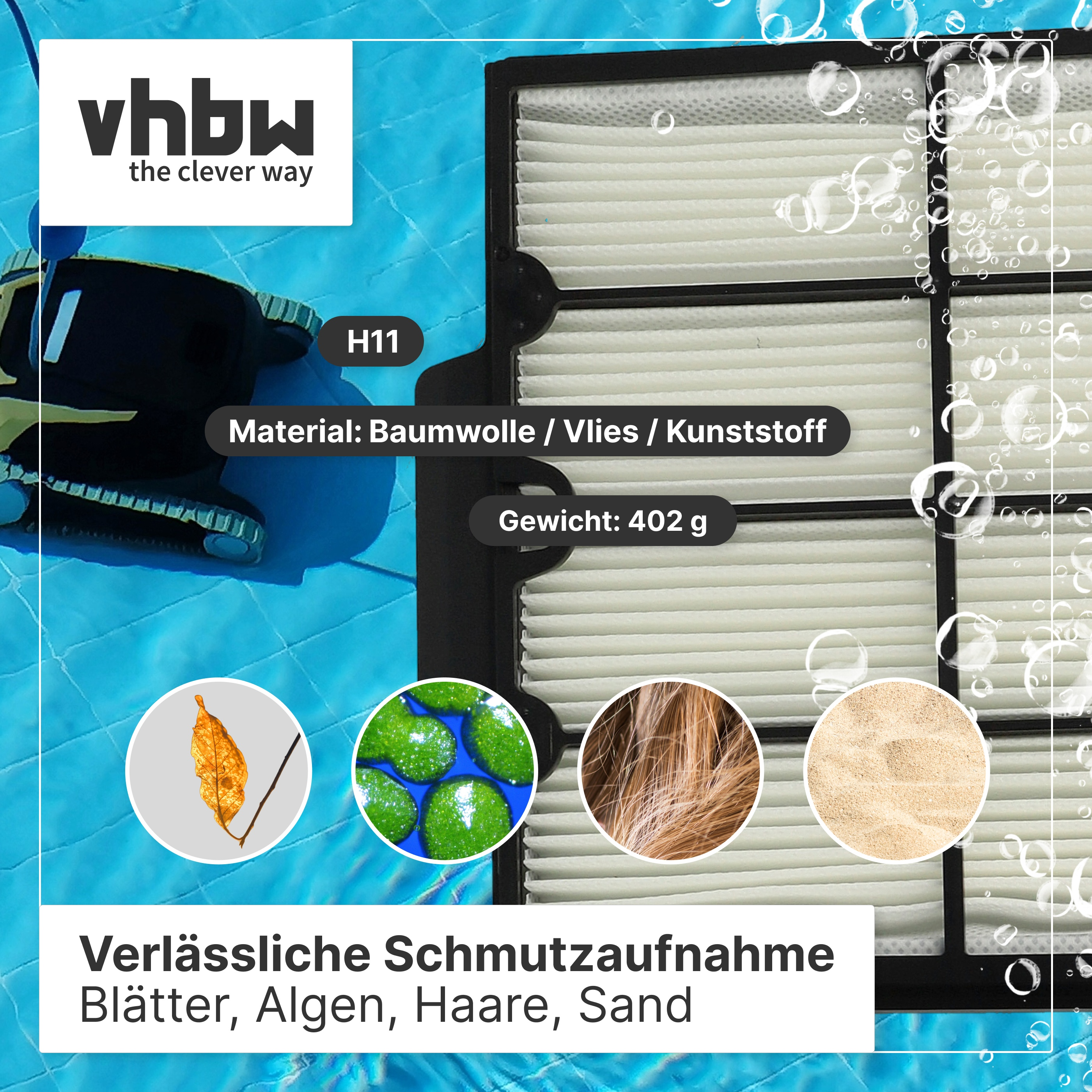 Poolfilter mit Textlabels und runden Einsetzern für Blätter, Algen, Haare und Sand auf blauem Hintergrund.