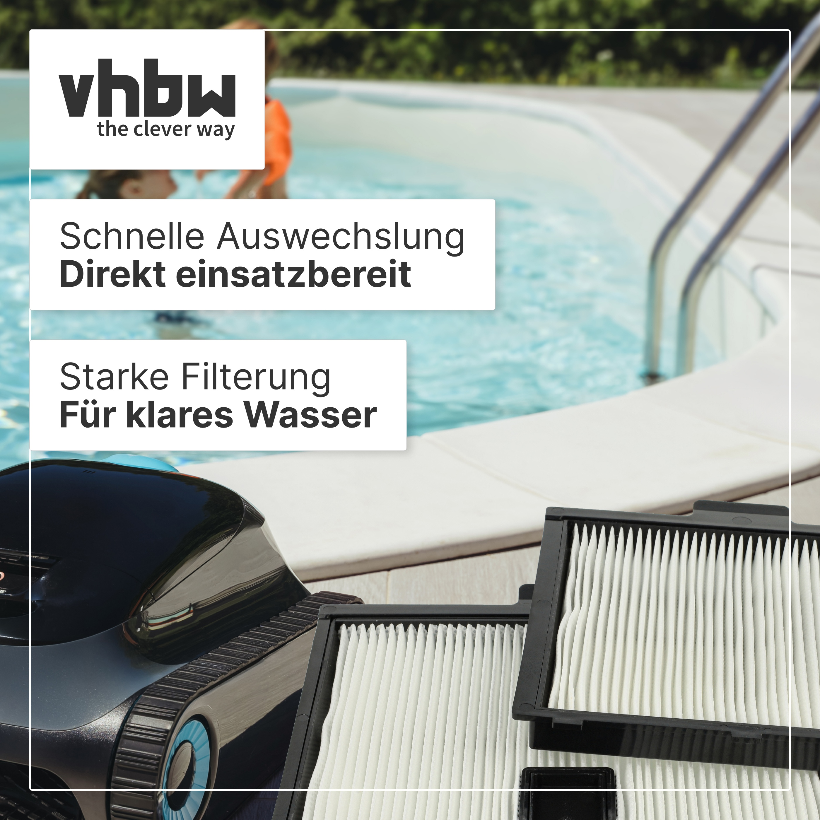 Poolroboter und zwei Filter vor einem Swimmingpool mit Textfeldern.