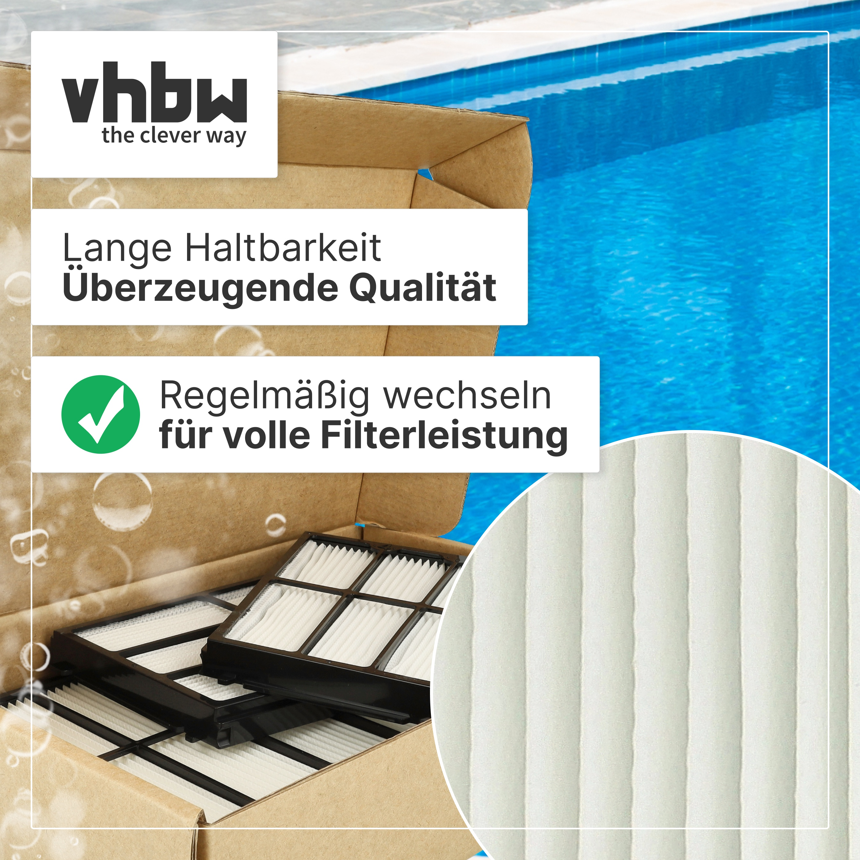 Poolfilter in offenem Karton vor blauem Poolwasser mit vhbw Logo und deutschem Werbetext.