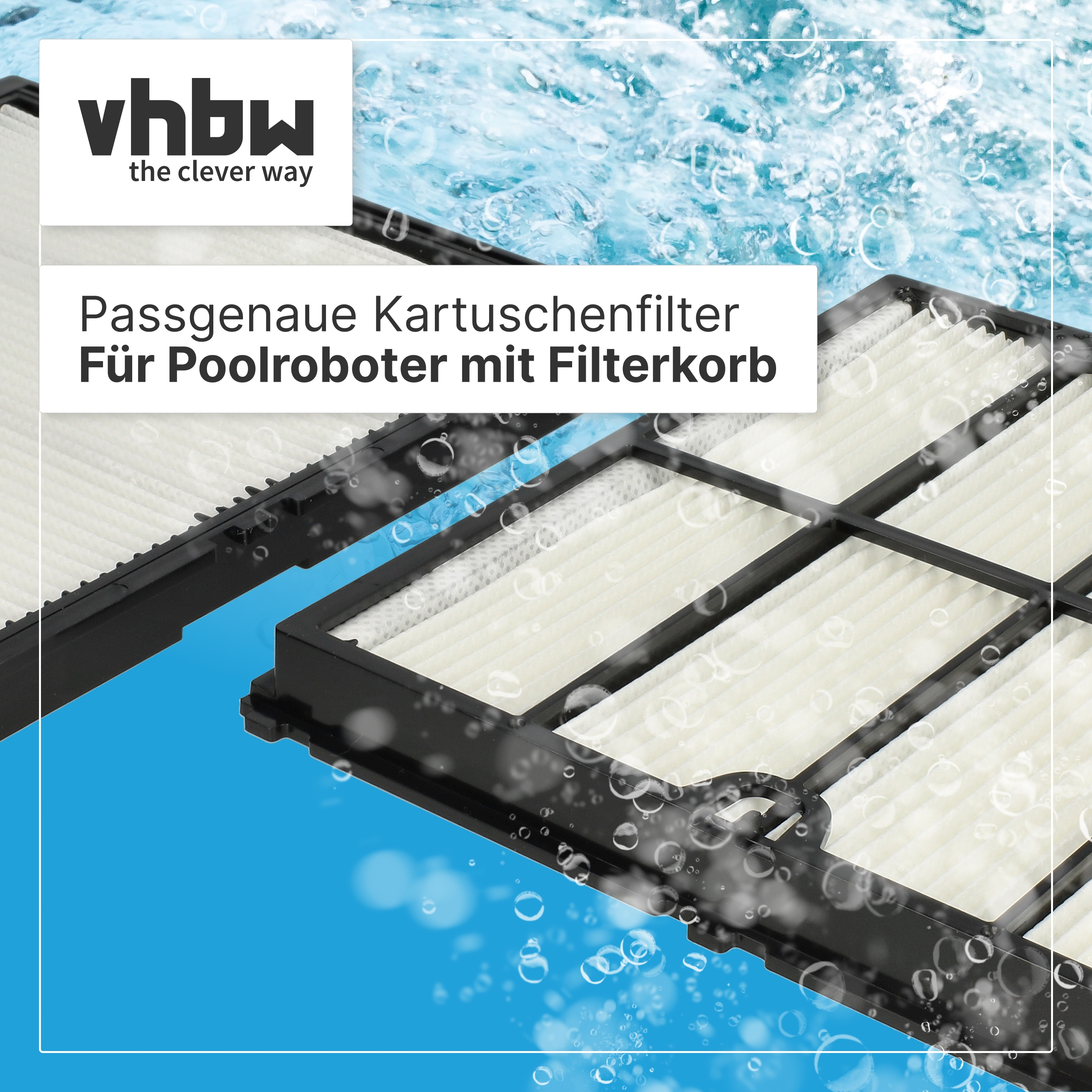 Poolroboter-Kartuschenfilter von vhbw vor blauem Hintergrund mit Wassertropfen und Text.
