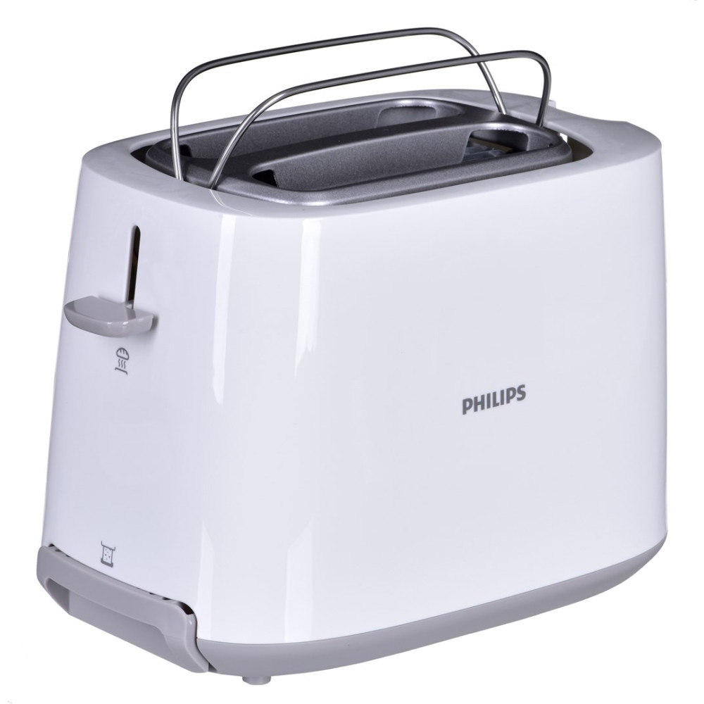 Biały toster Philips z metalową rusztem i dźwignią na białym tle.