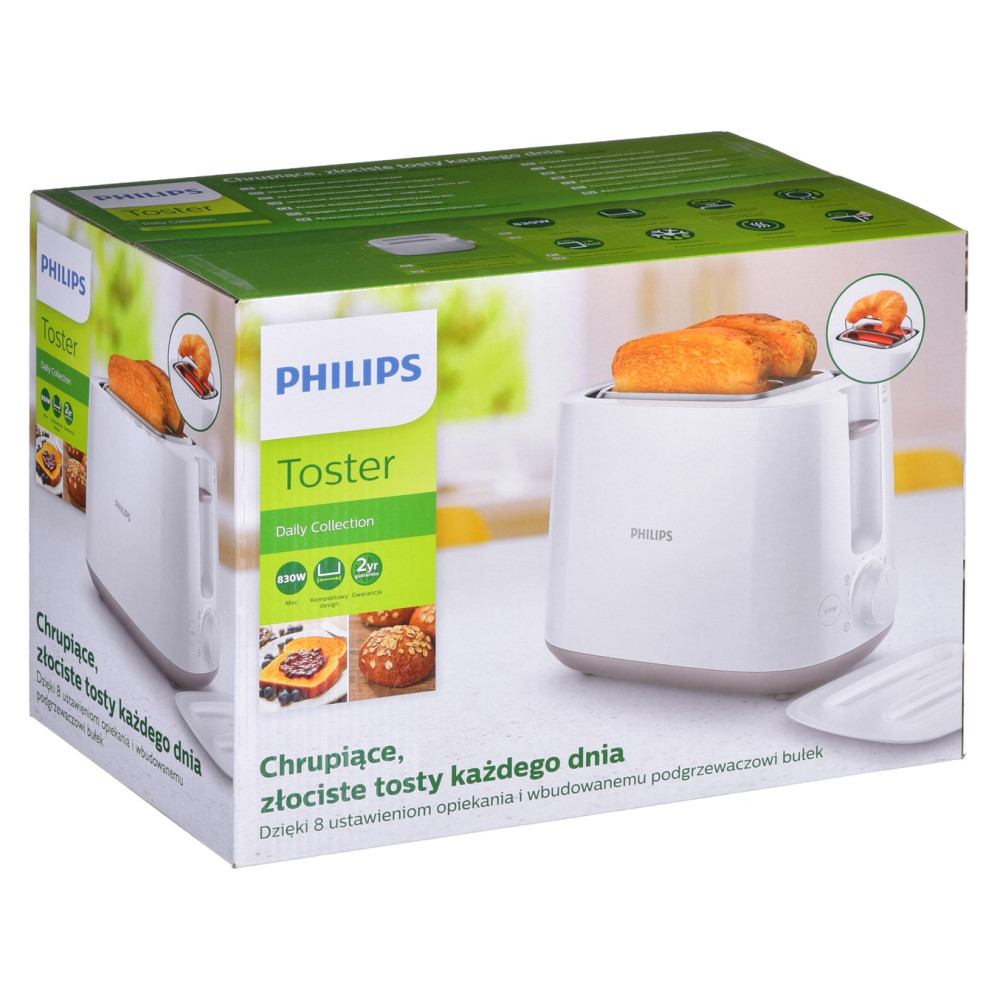 Opakowanie białego tostera Philips Daily Collection z grzankami w środku.