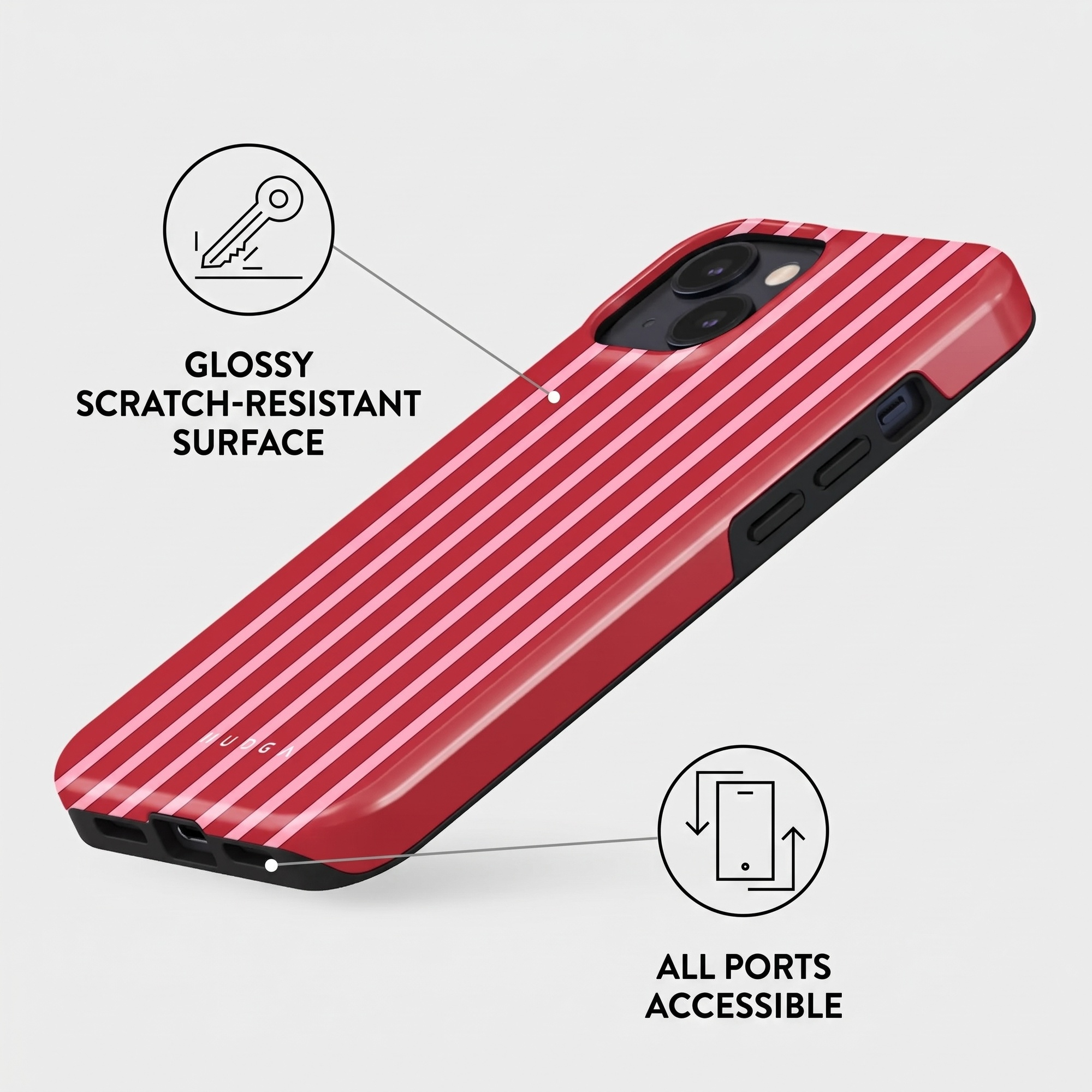 Red striped phone case featuring a scratch-resistant glossy surface and accessible ports.