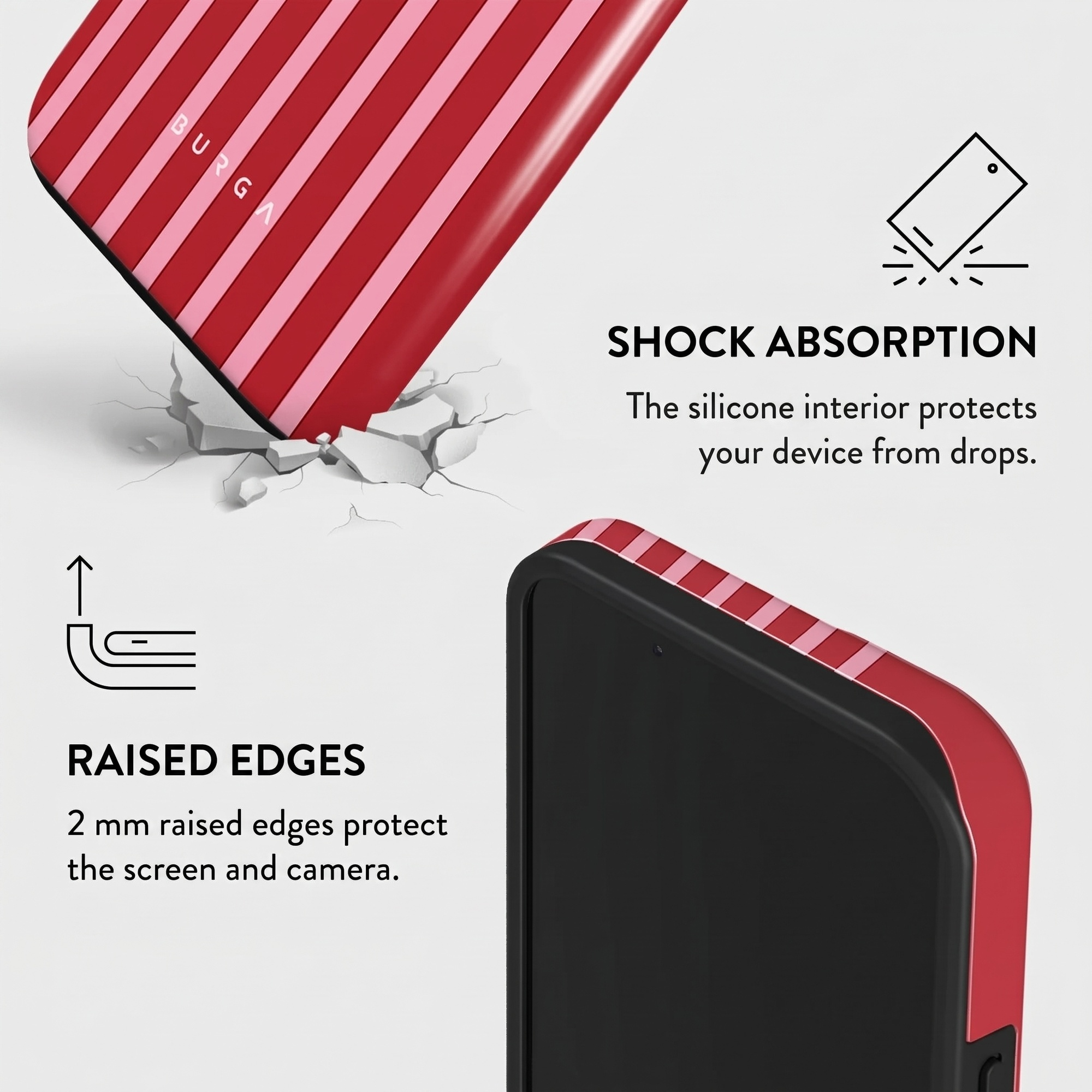 Graphic showing shock absorption and raised edges of a red and pink striped phone case.