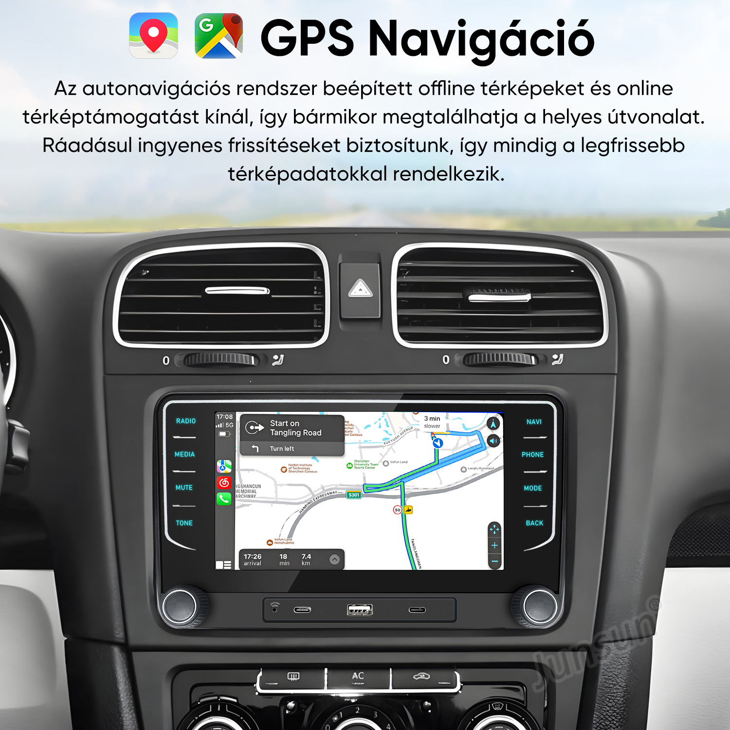 Autó műszerfala GPS navigációs rendszerrel és térképkijelzővel.