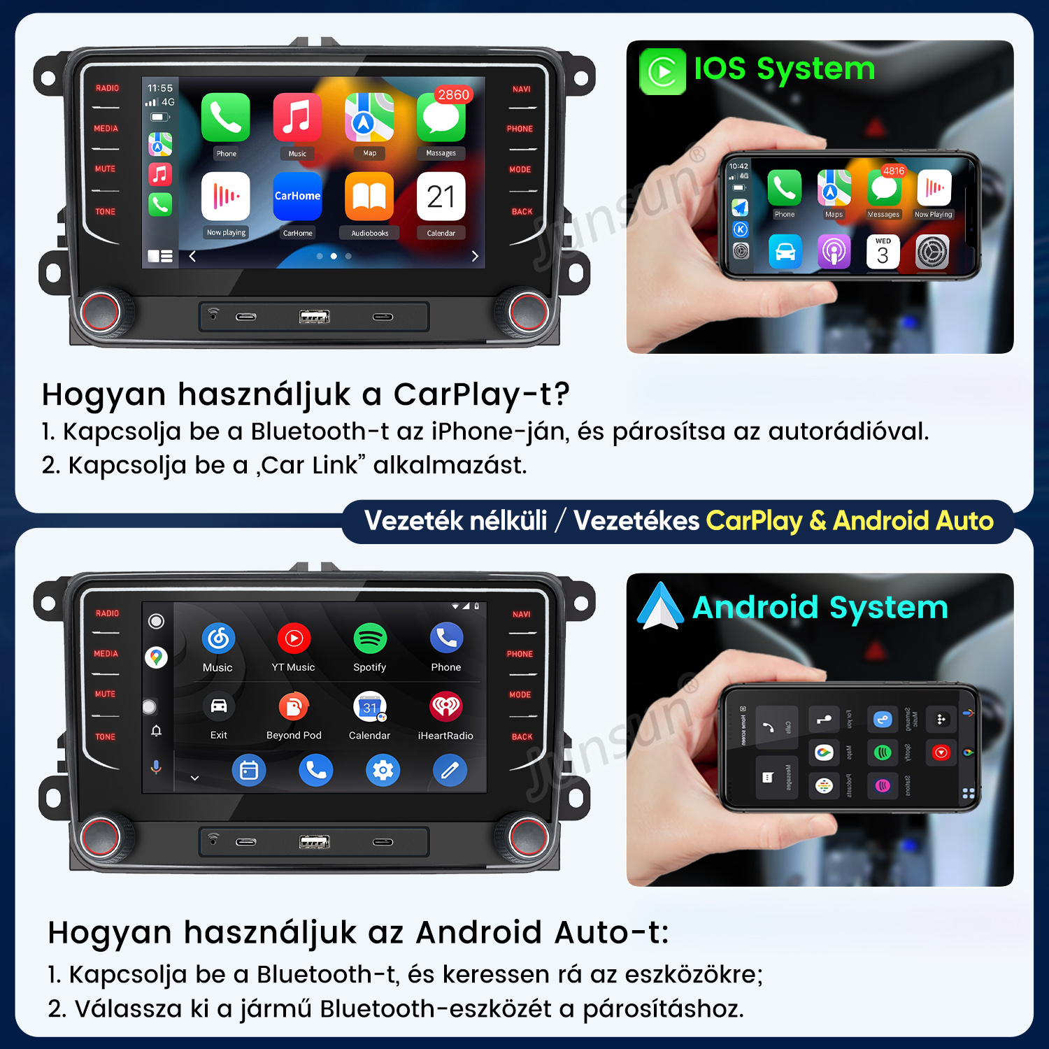 CarPlay és Android Auto támogatású autós rádió, okostelefon-integrációt és magyar nyelvű útmutatót mutat.