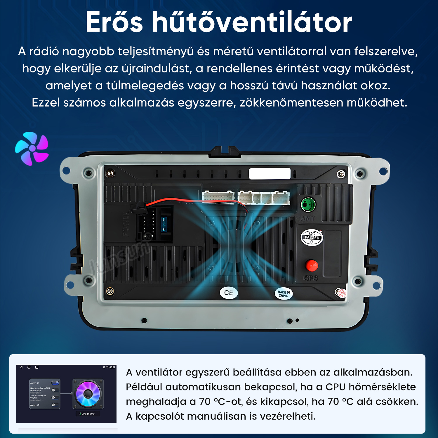 Autós multimédia rendszer hátoldala beépített hűtőventilátorral és különféle csatlakozókkal.