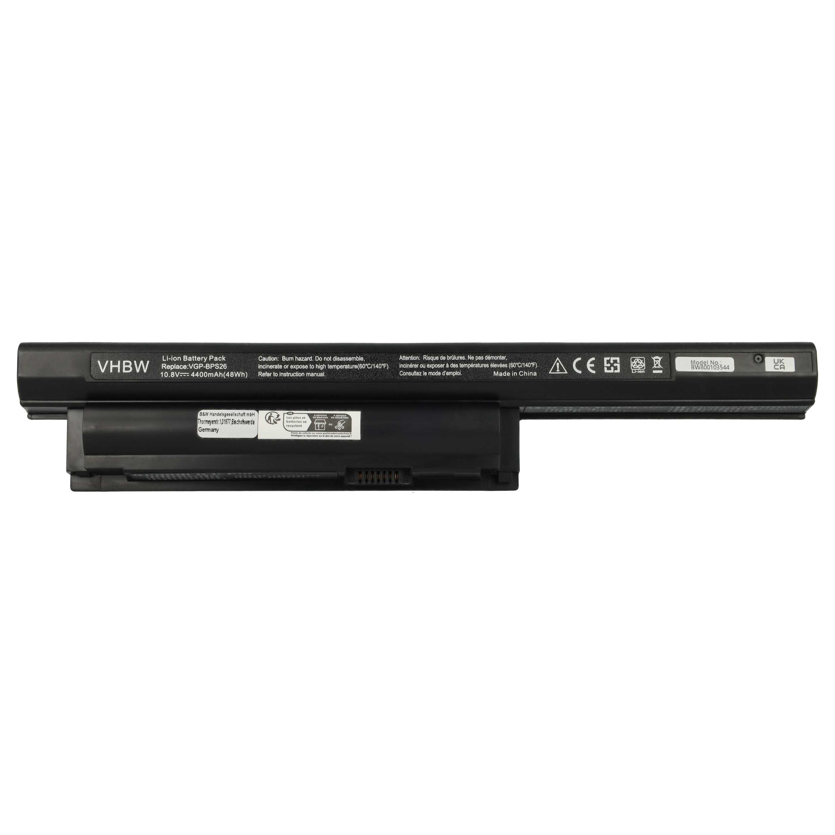 Schwarzer VHBW Laptop-Akku mit technischen Daten und Sicherheitshinweisen auf dem Etikett.