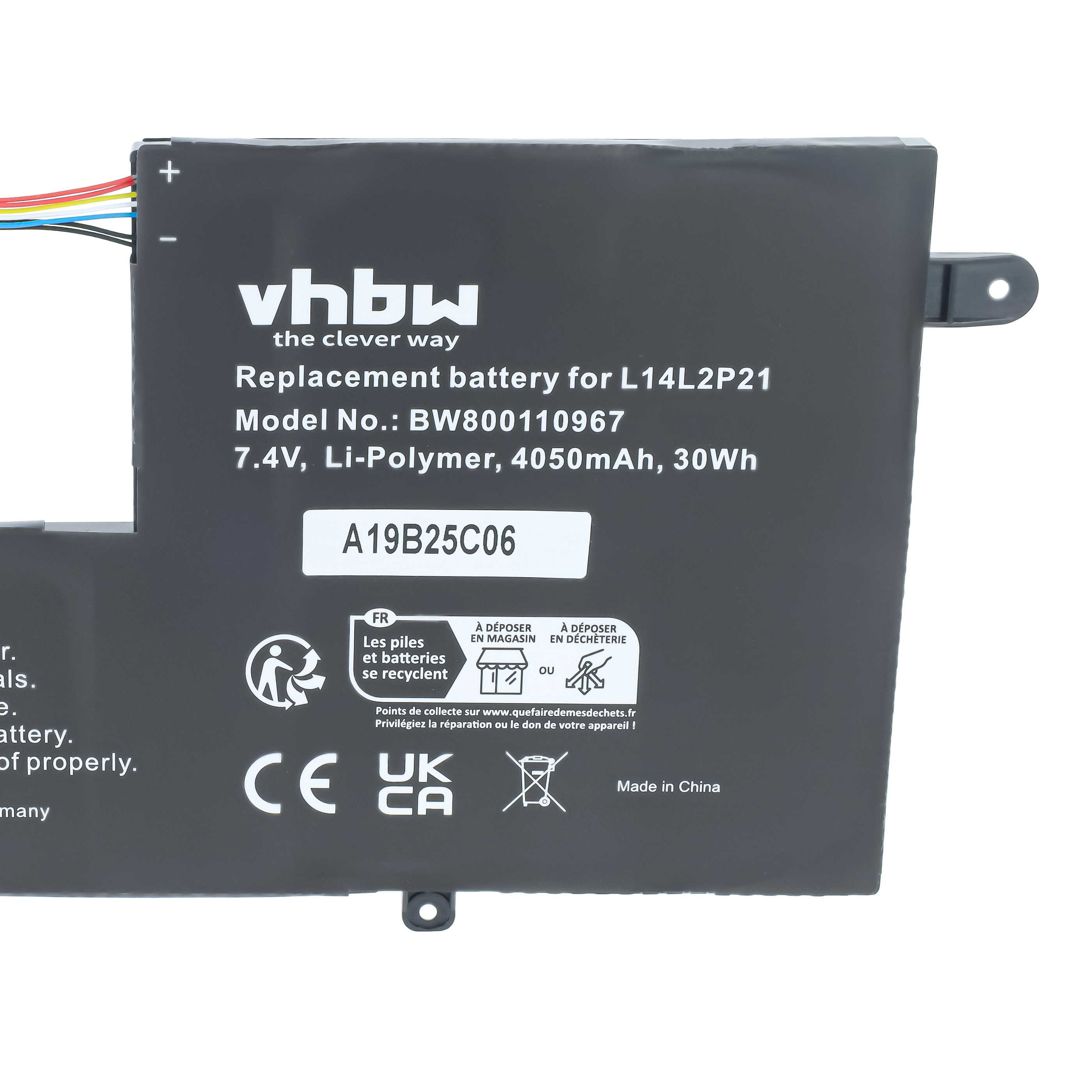 Schwarzer vhbw Ersatzakku mit weißen Aufschriften, elektrischen Kontakten und Recycling-Symbolen.