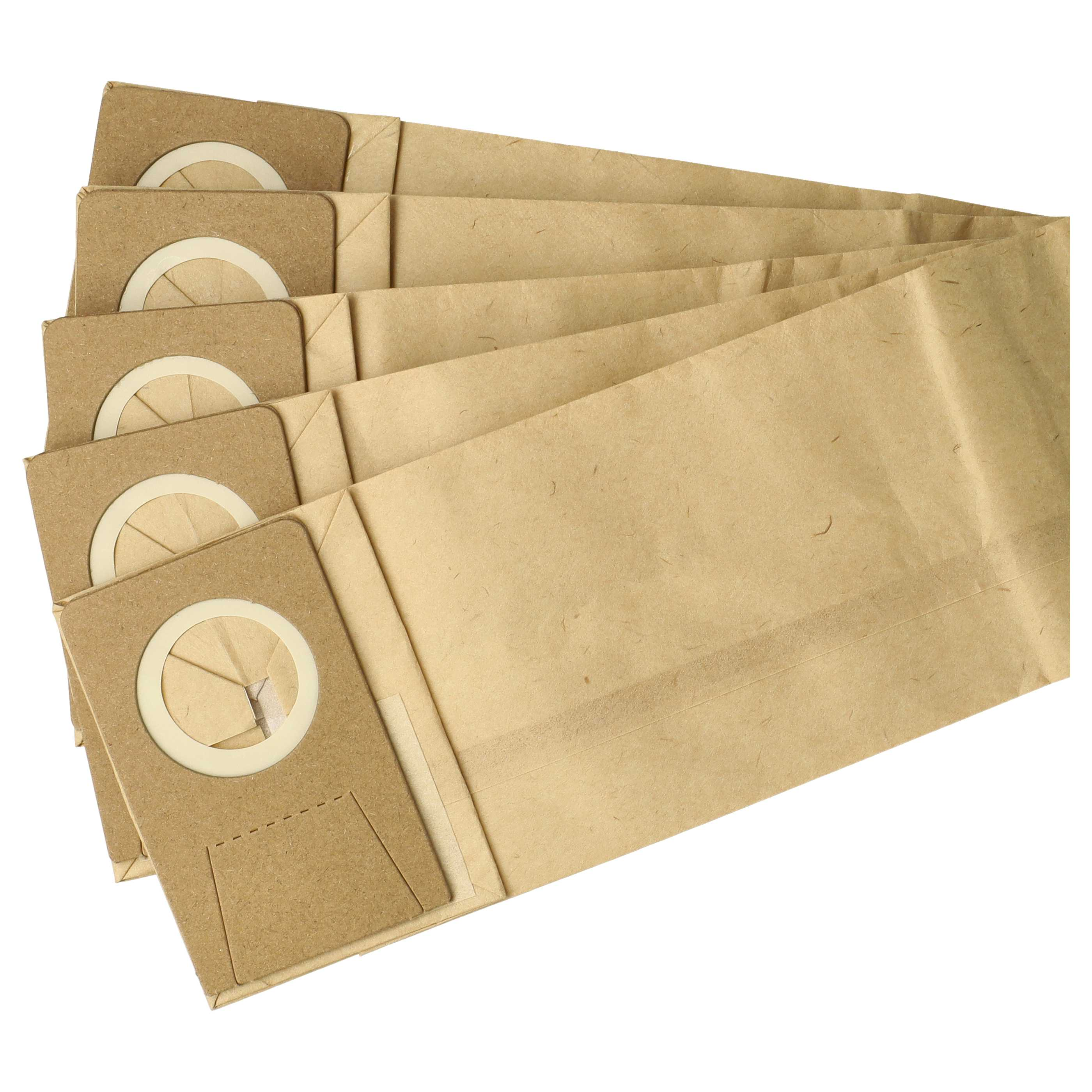 Fünf braune Staubsaugerbeutel aus Papier liegen fächerartig übereinander.