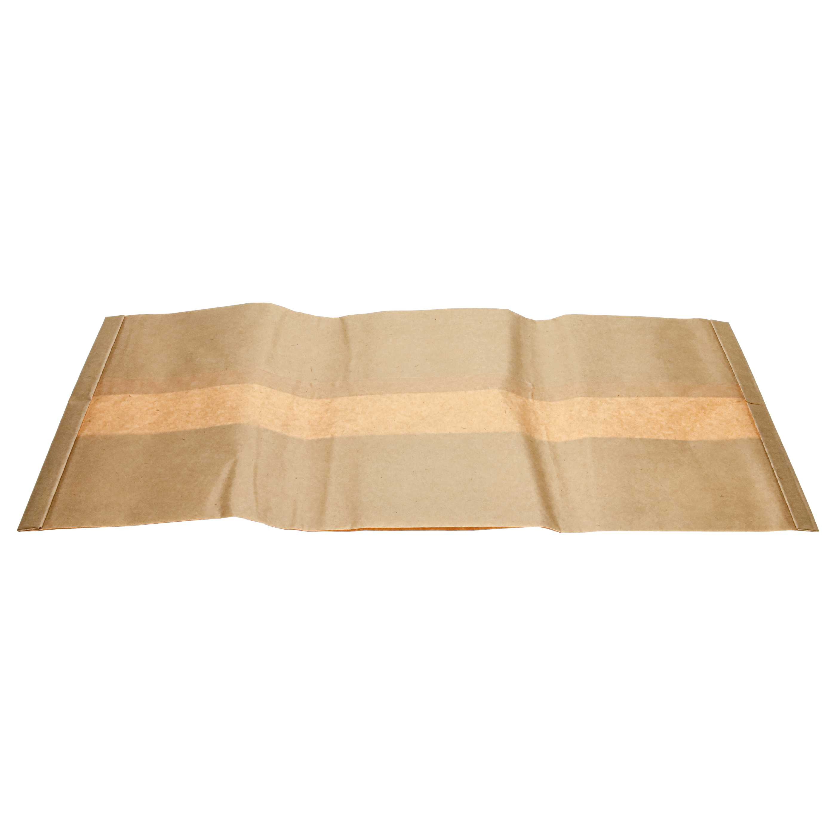 Ein flaches braunes Papierband mit einer helleren Klebestreifenmitte auf einem weißen Hintergrund.