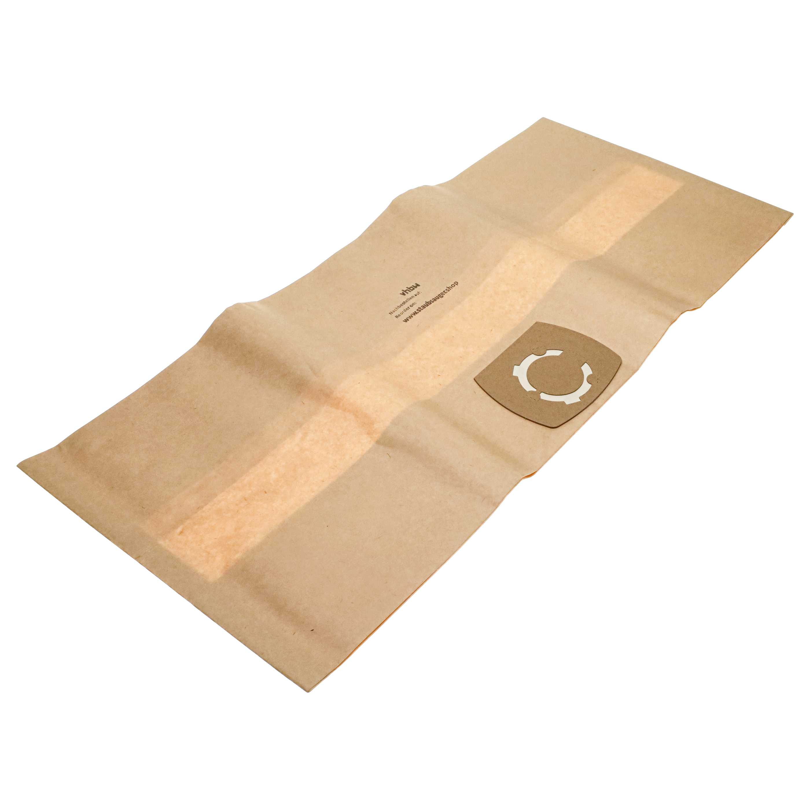 Ein brauner Papiertagbeutel mit kreisförmiger Öffnung und Markenlogo auf weißem Hintergrund.