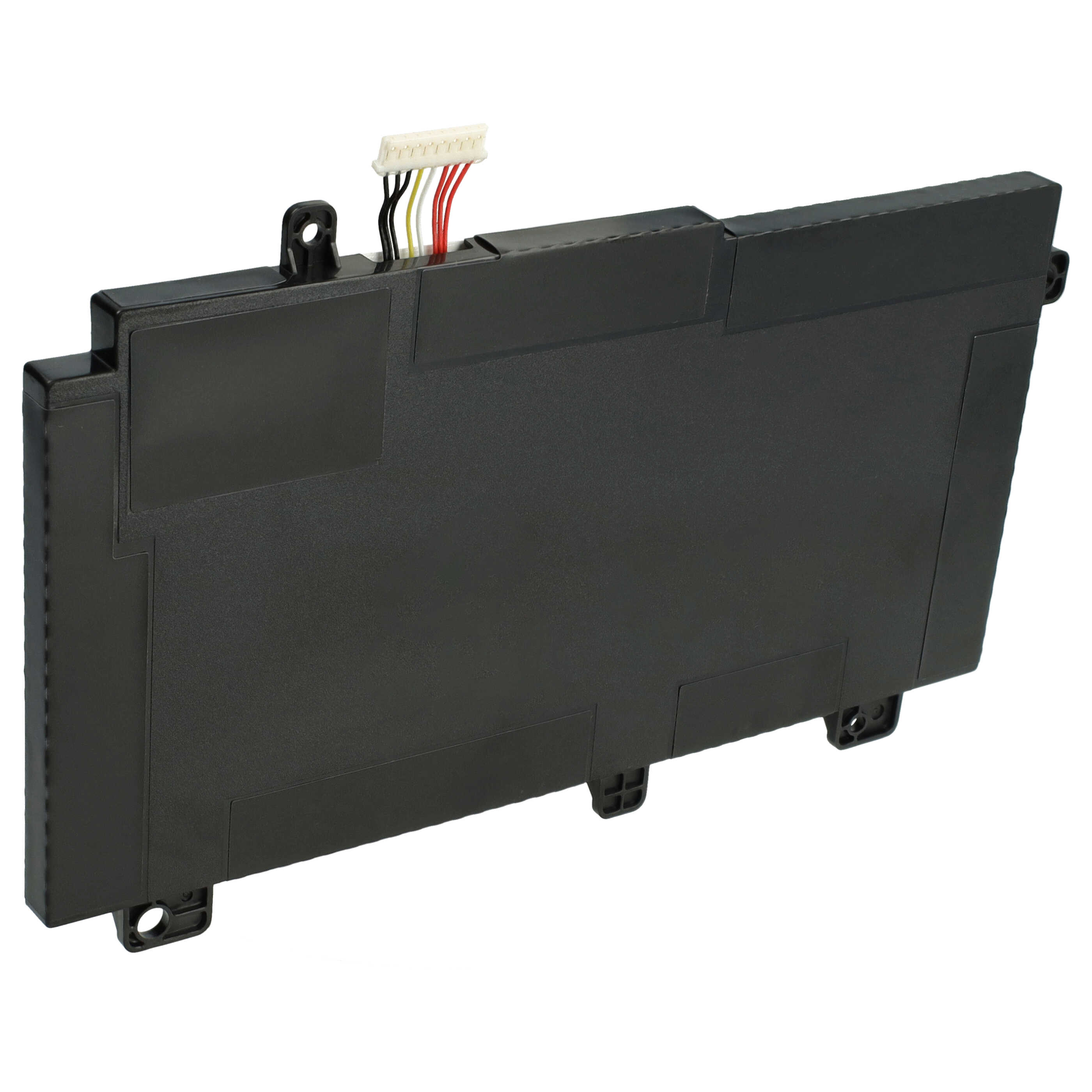 Ein schwarzer Laptop-Akku mit einem kleinen weißen Stecker und bunten Kabeln auf weißem Hintergrund.