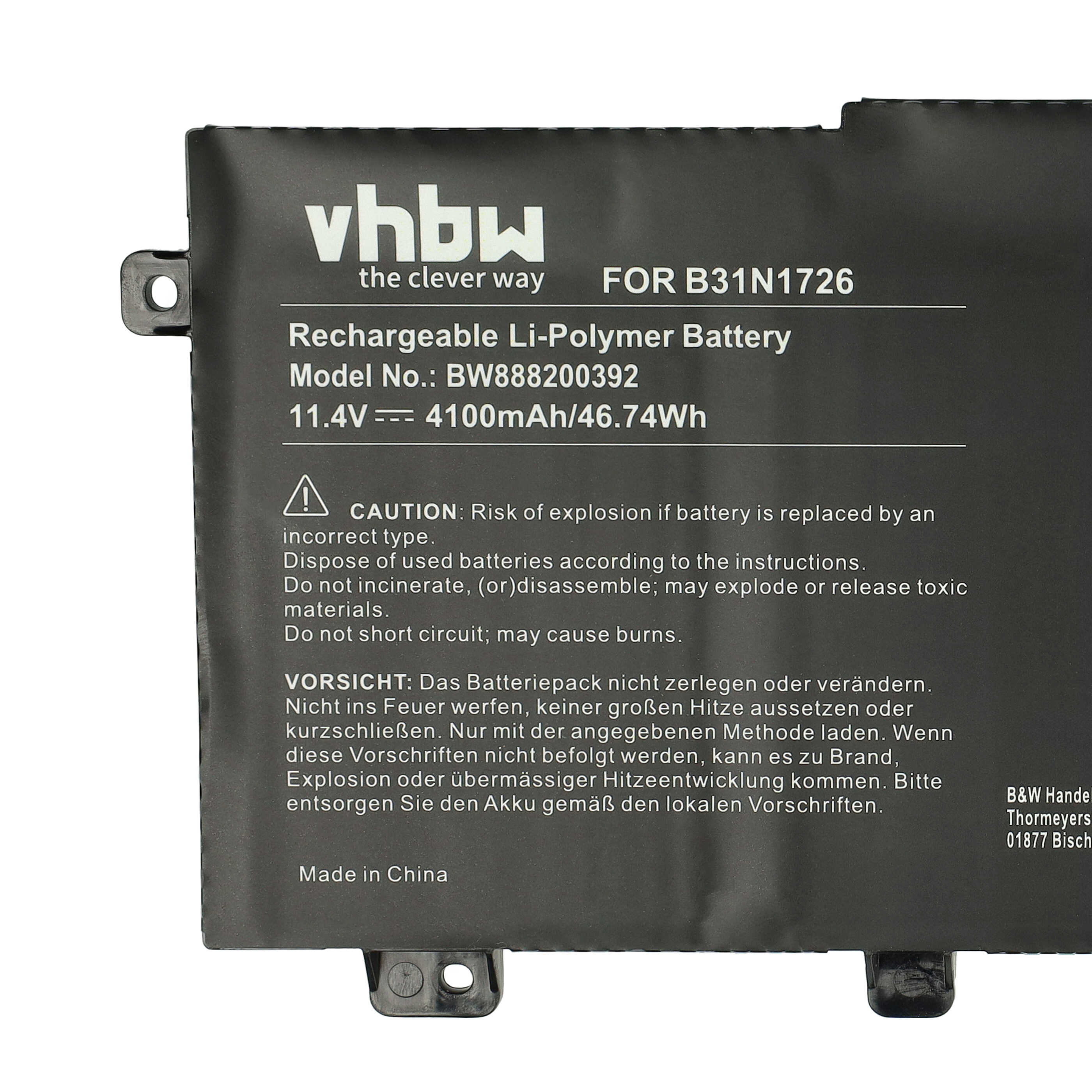 Ein schwarzer vhbw Li-Polymer-Akku mit technischen Daten und Sicherheitshinweisen auf dem Etikett.