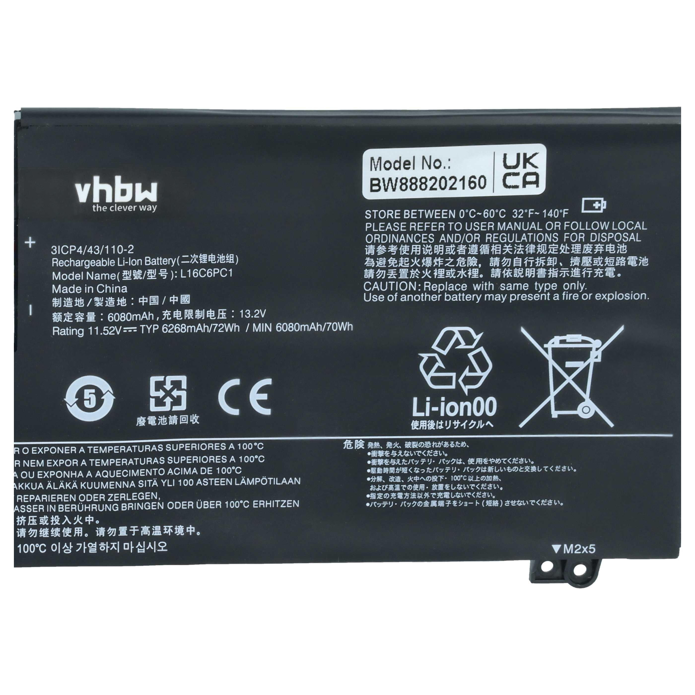 Schwarze Li-Ion-Notebookbatterie mit weißem Text, Warnungen und Recycling-Symbolen.