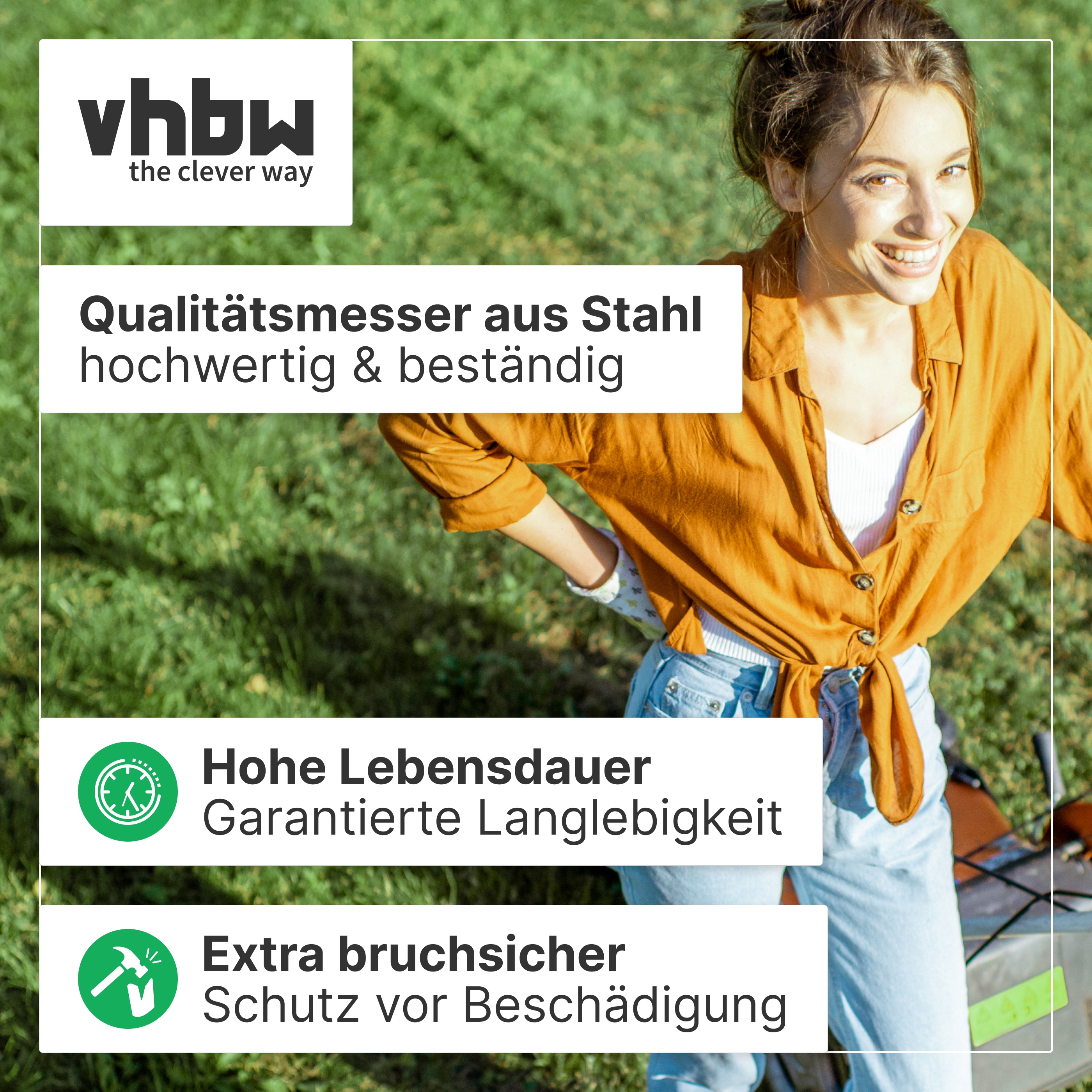 Glückliche Frau im Garten mit Vhbw Logo und Text über hochwertige Stahlmesser.