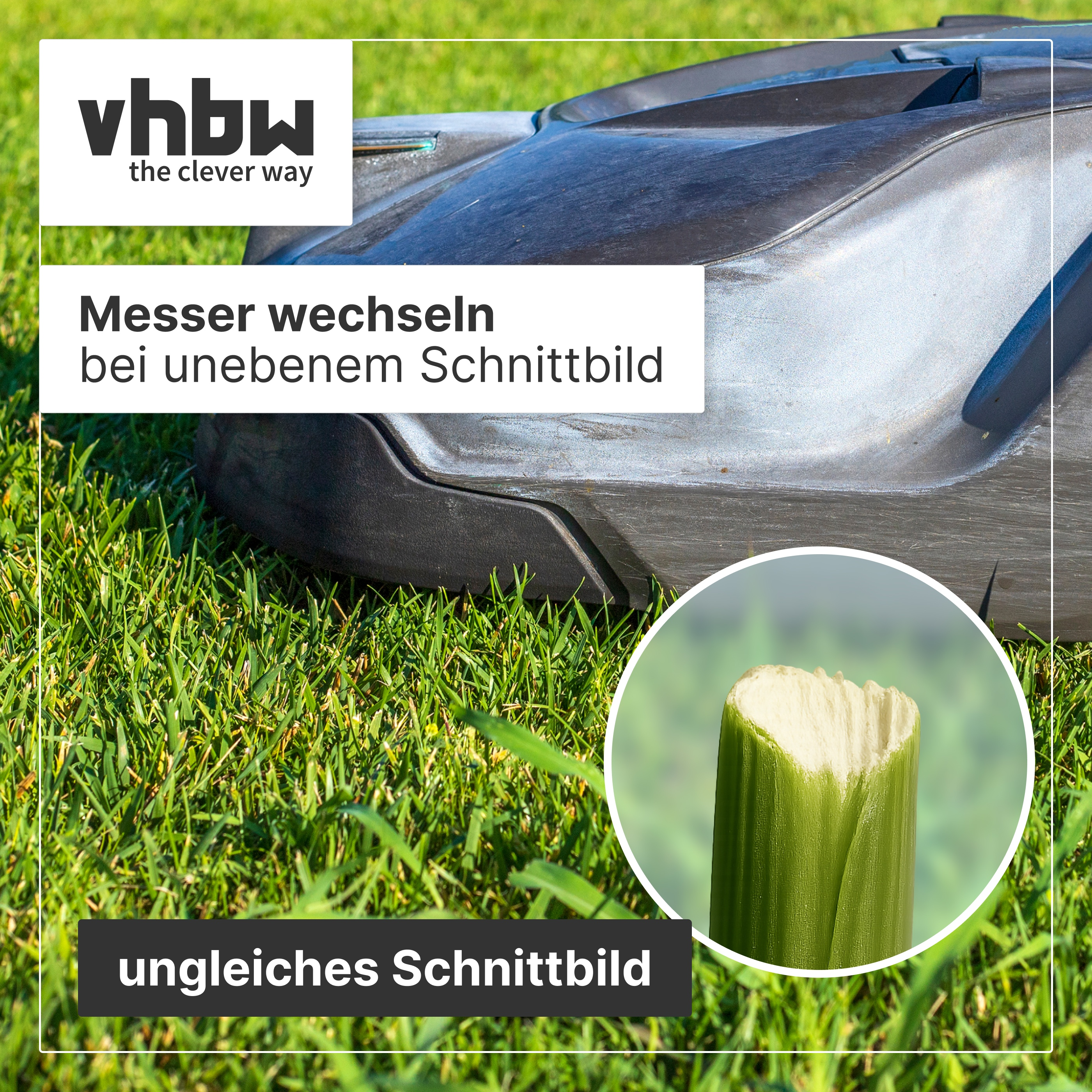 Ein Roboter-Rasenmäher auf Grün, mit Detailansicht eines ungleichmäßig geschnittenen Grashalms.