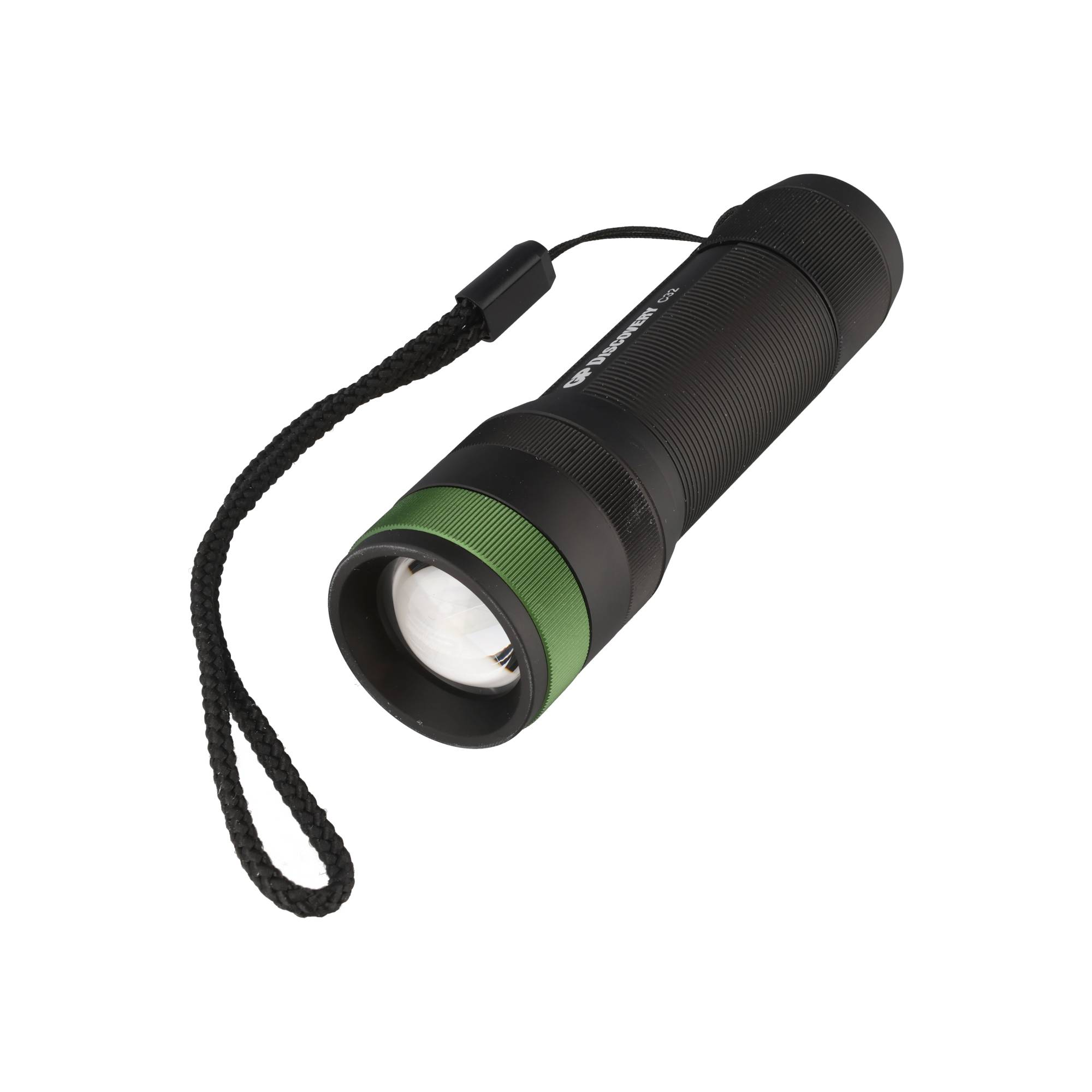 Eine kompakte schwarze Taschenlampe mit grünem Ring und schwarzer Trageschlaufe auf weißem Hintergrund.