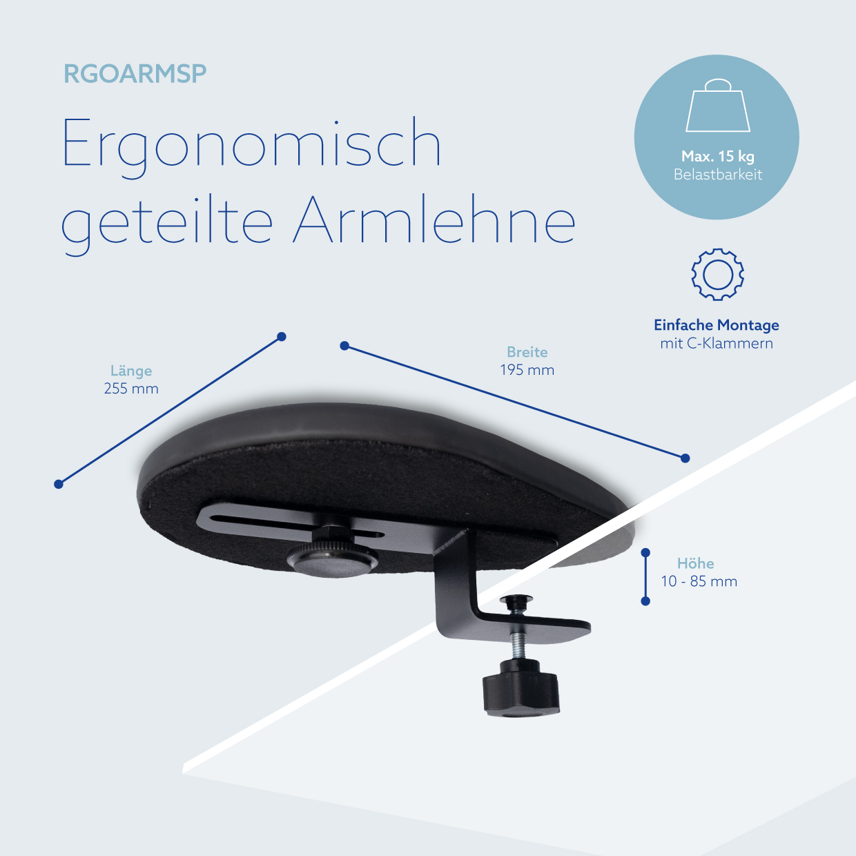 Reposabrazos dividido ergonómico con dimensiones, abrazaderas y 15 kg.
