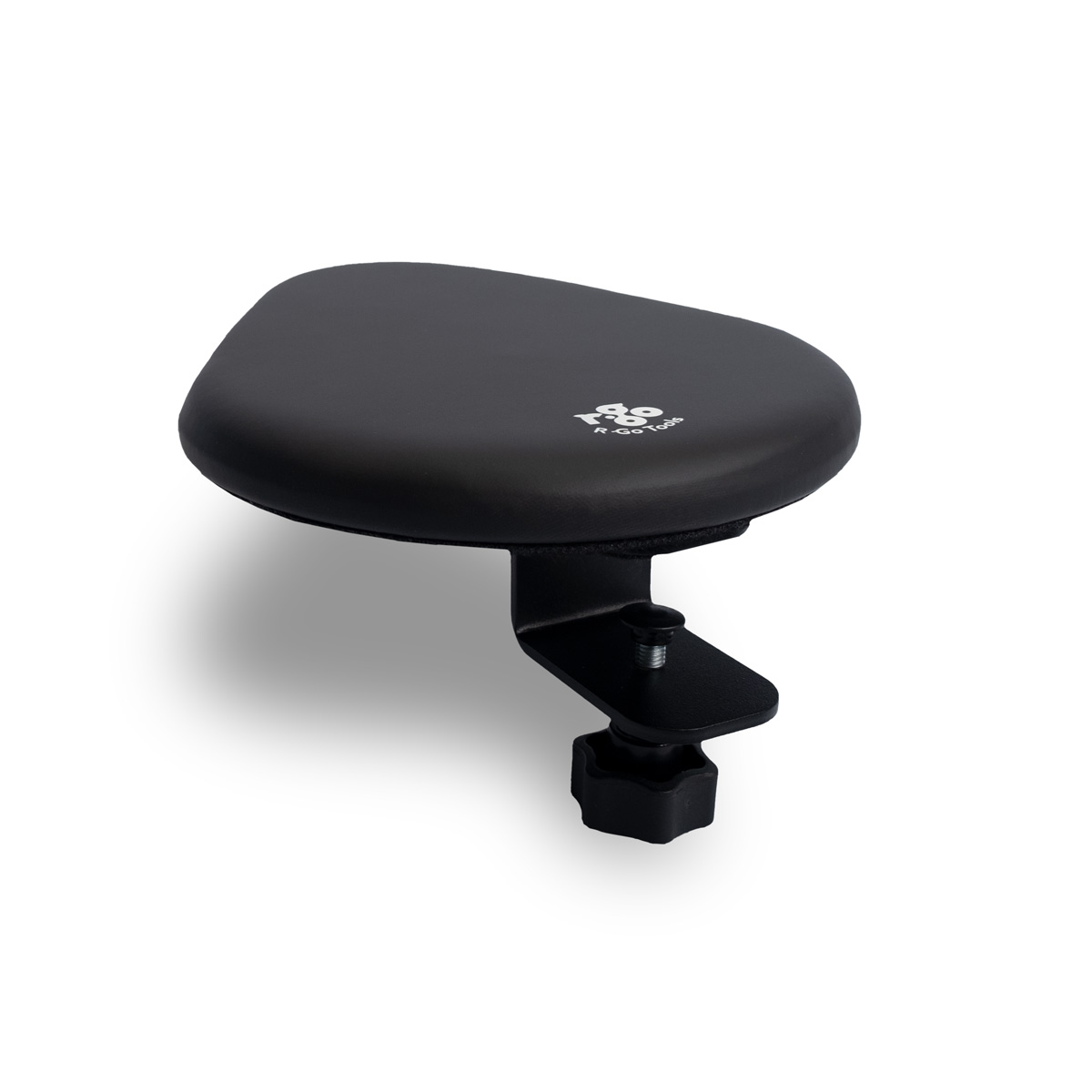 Soporte ergonómico negro para antebrazo con abrazadera ajustable sobre fondo blanco.