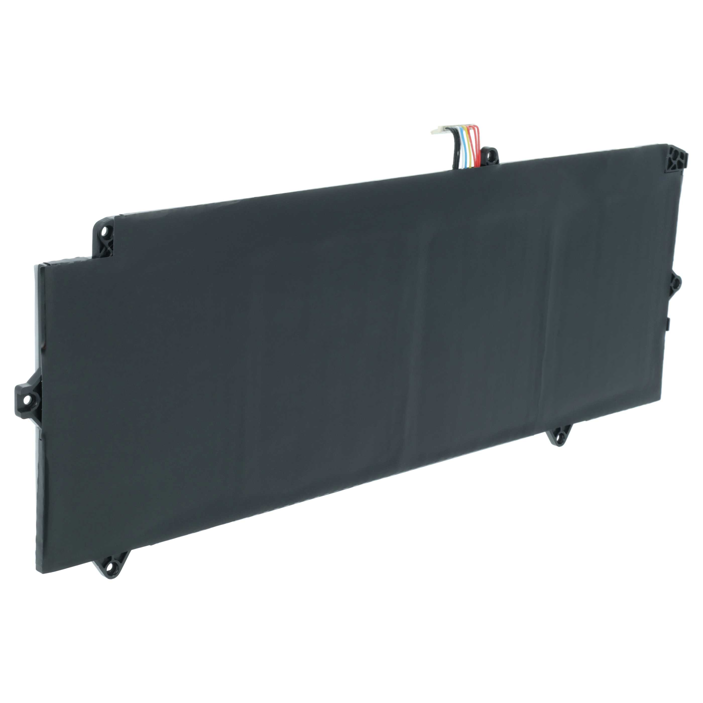 Eine schwarze Laptop-Batterie mit Montagepunkten und einem kurzen bunten Kabel auf weißem Hintergrund.