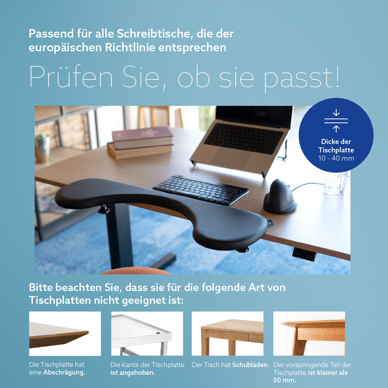Gráfico que muestra un reposamuñecas ergonómico en un escritorio con notas sobre tableros compatibles.