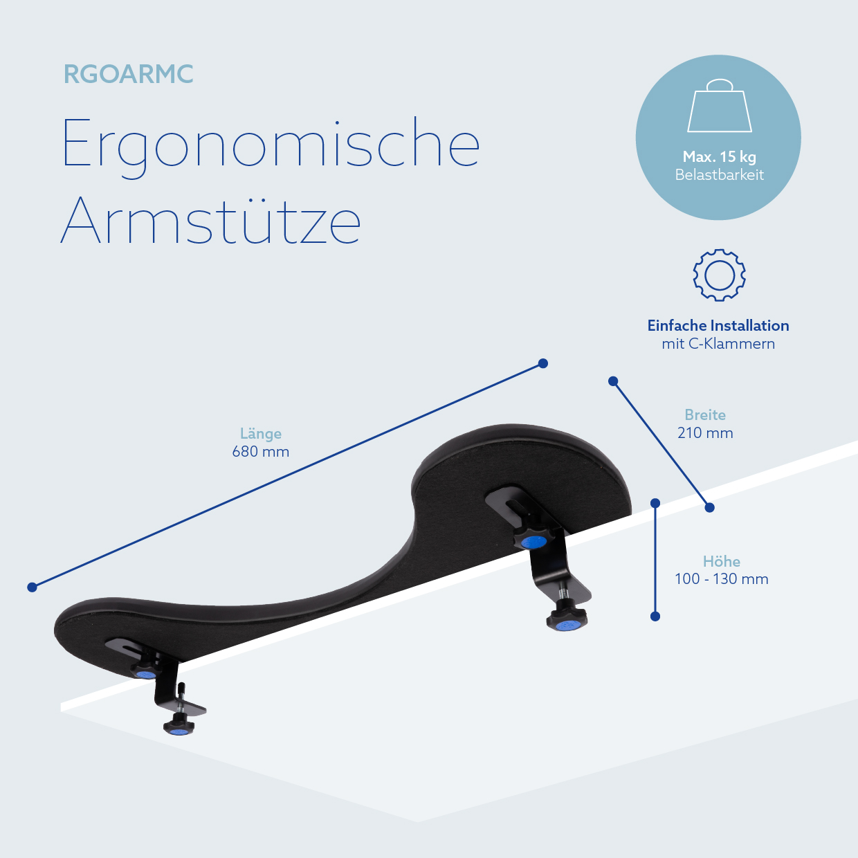 Soporte ergonómico para brazos con abrazaderas C, máx. 15 kg, 680 mm de largo y 210 mm de ancho.