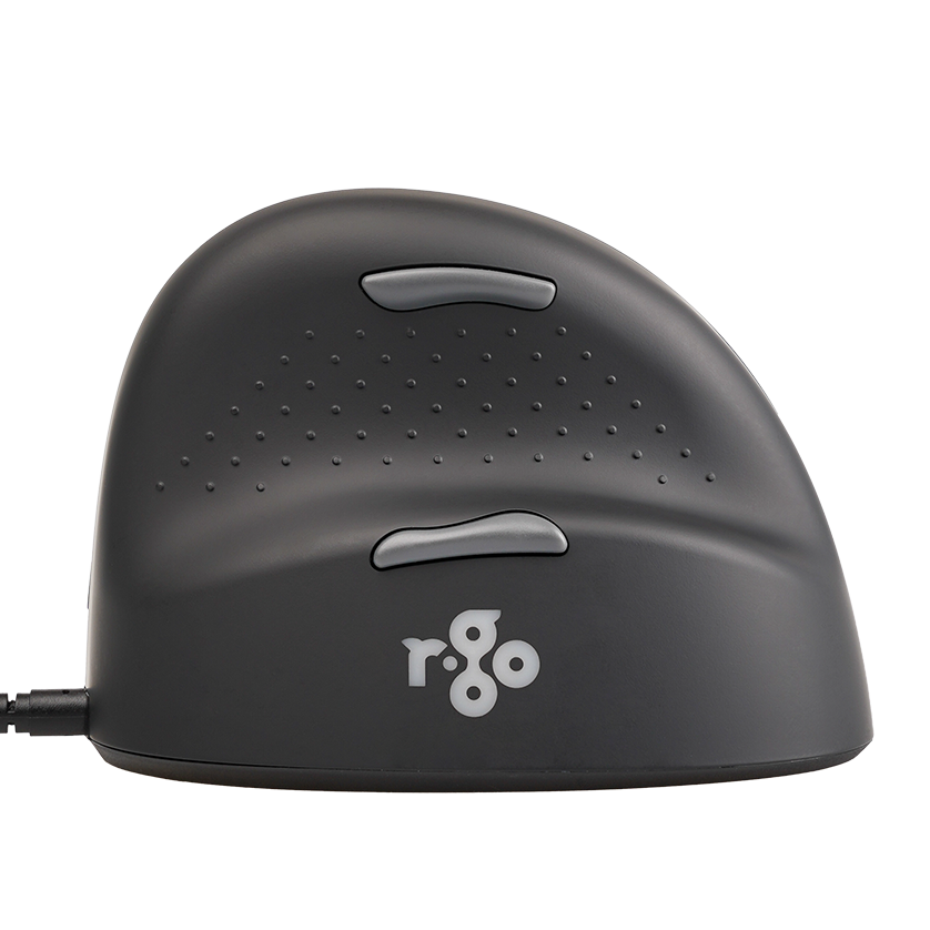 A black ergonomic vertical computer mouse with two buttons and a white logo on a black background.