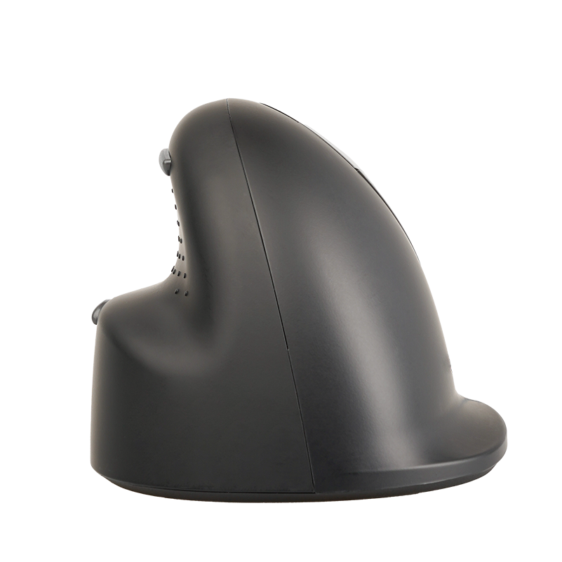 A black ergonomic vertical mouse shown in profile against a black background.