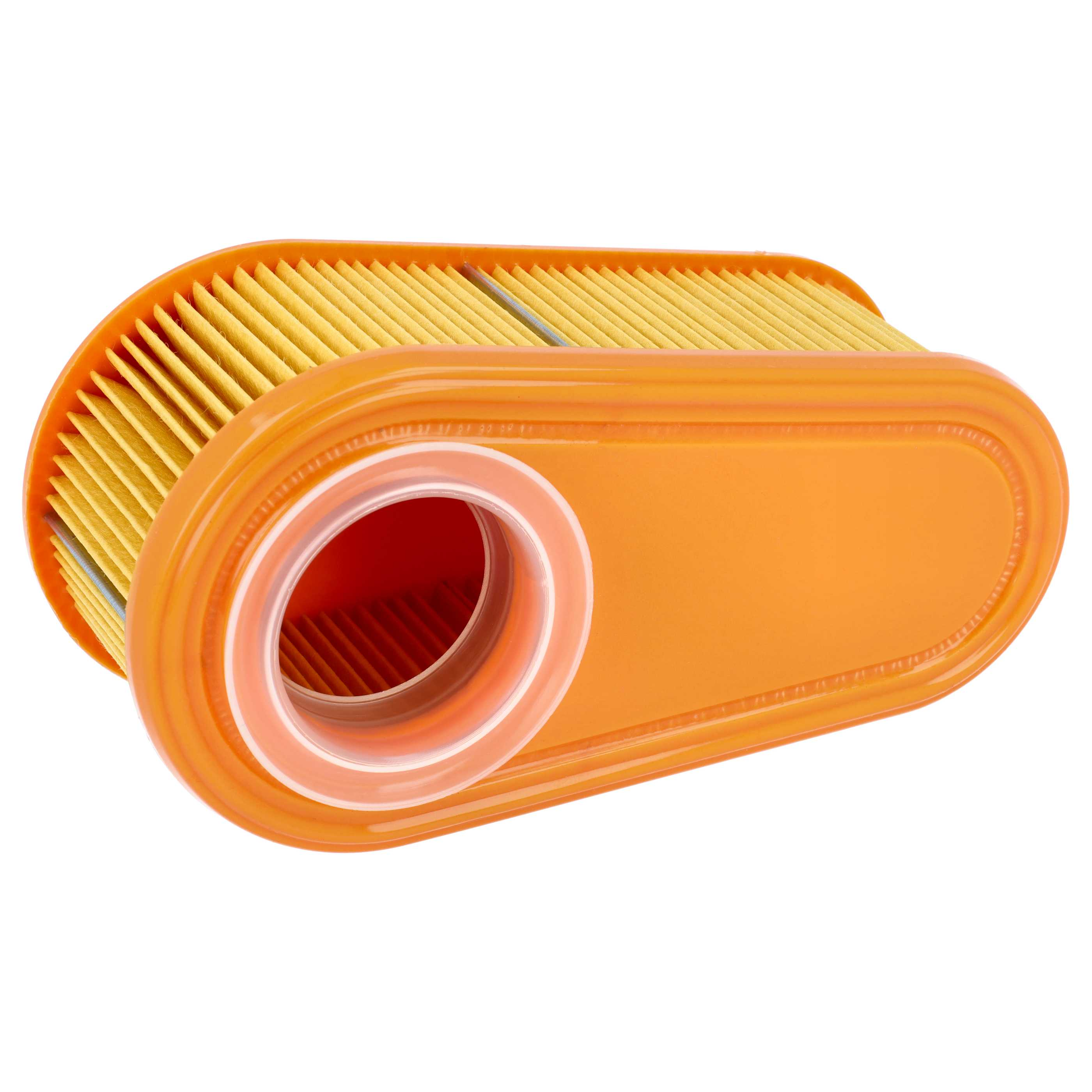 Ein länglicher gelber und orangefarbener Luftfilter mit einer runden Öffnung auf einer weißen Oberfläche.