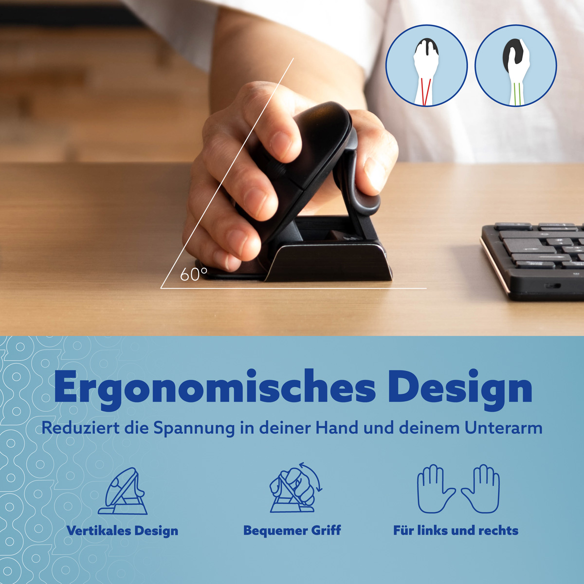 Hand bedient eine ergonomische Vertikalmaus mit 60-Grad-Winkel auf einem Holztisch.