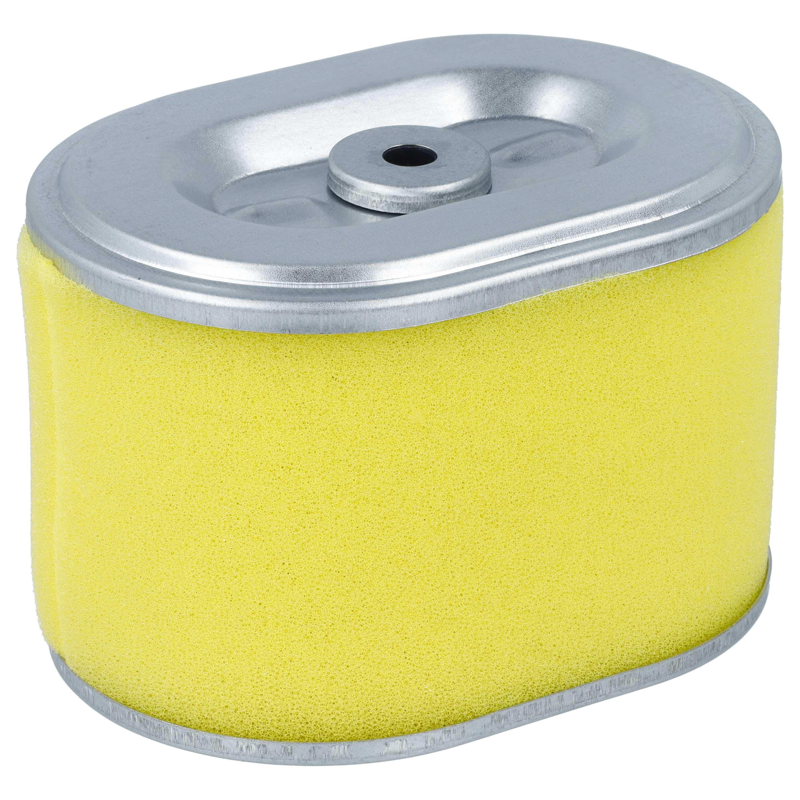 Ein ovaler, gelber Schaumstoff-Luftfilter mit silbernen Metallplatten oben und unten vor weißem Hintergrund.