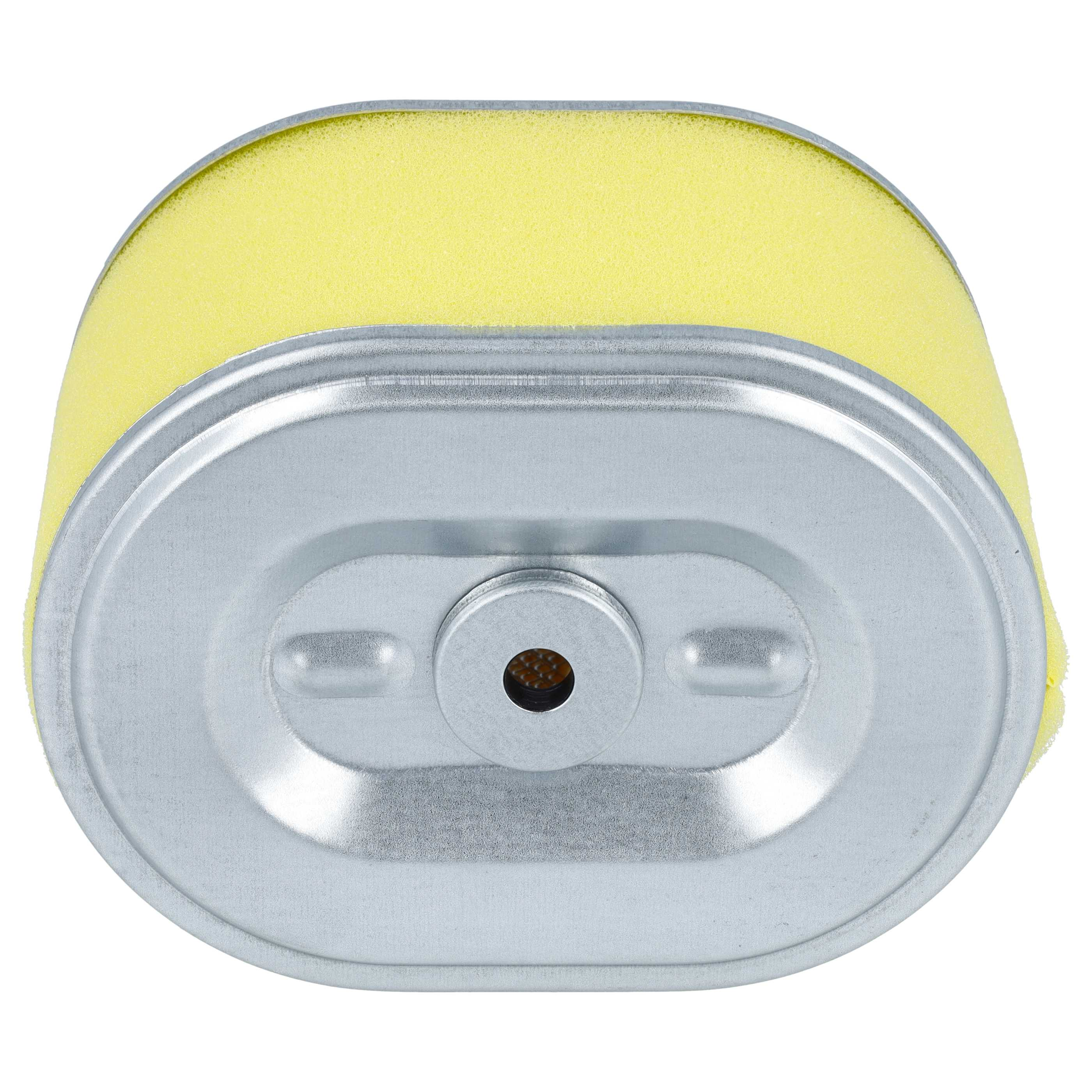 Ein ovaler Luftfilter mit gelbem Schaumstoff und einer Metallbasis auf weißem Hintergrund.