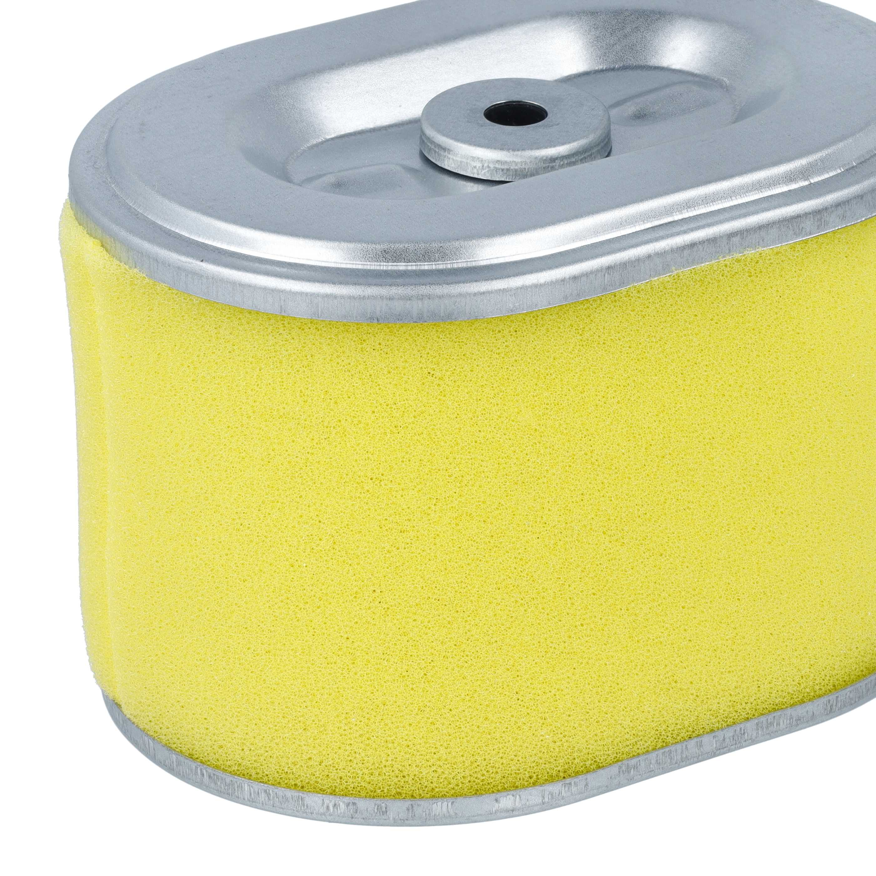 Ein ovaler, gelber Schaumstoff-Luftfilter mit silbernen Metallplatten oben und unten.