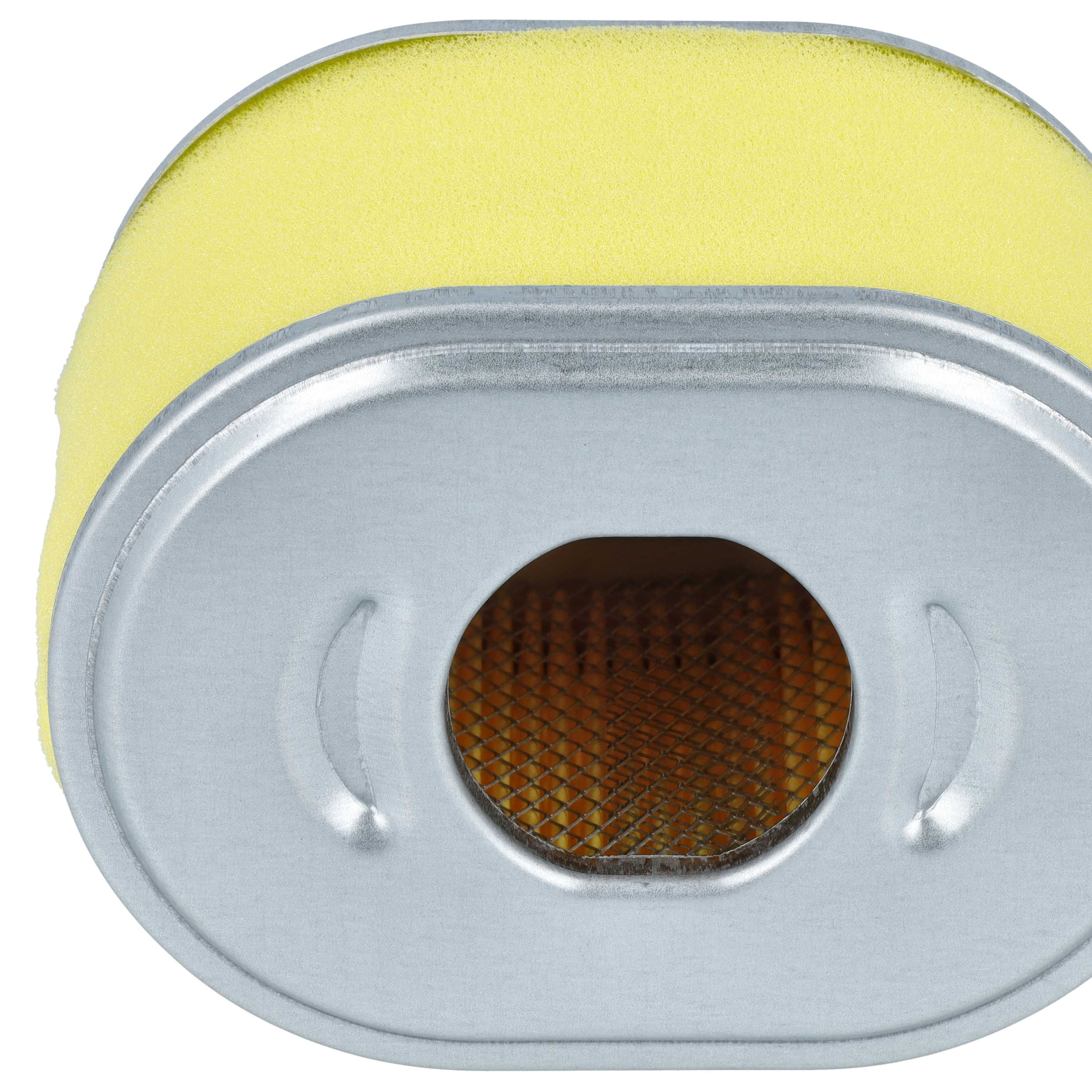 Ein ovaler Luftfilter mit gelbem Schaumstoff und einem Metallgehäuse mit runder Öffnung.