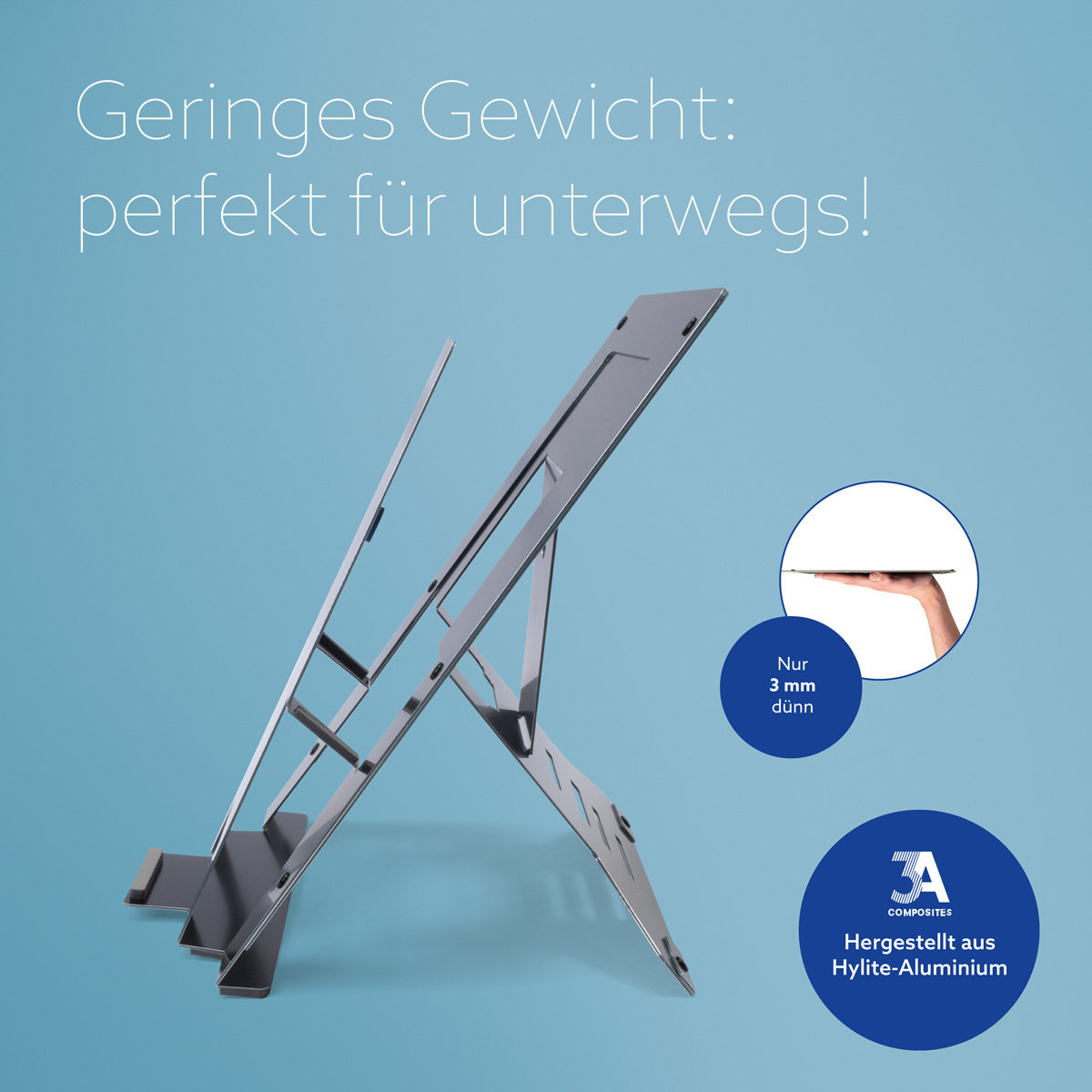 Ein grauer Laptopständer auf blauem Hintergrund mit Text und zwei kreisförmigen Inlays.