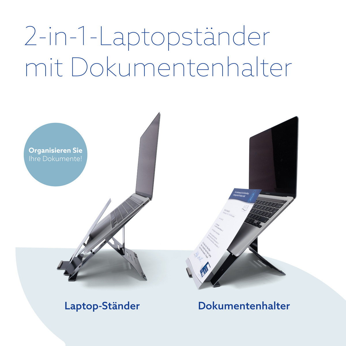 Ein 2-in-1-Laptopständer mit Dokumentenhalter in zwei verschiedenen Konfigurationen auf weißem Hintergrund.