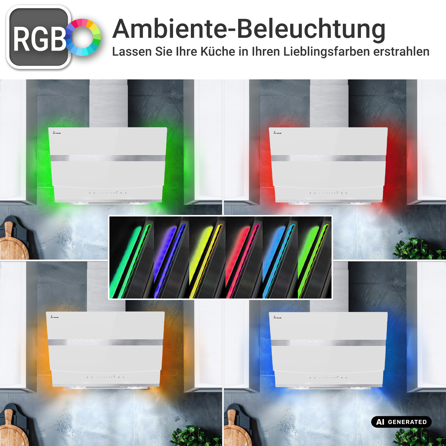 Cappa da cucina bianca con illuminazione RGB verde, rossa, arancione e blu su parete grigia.