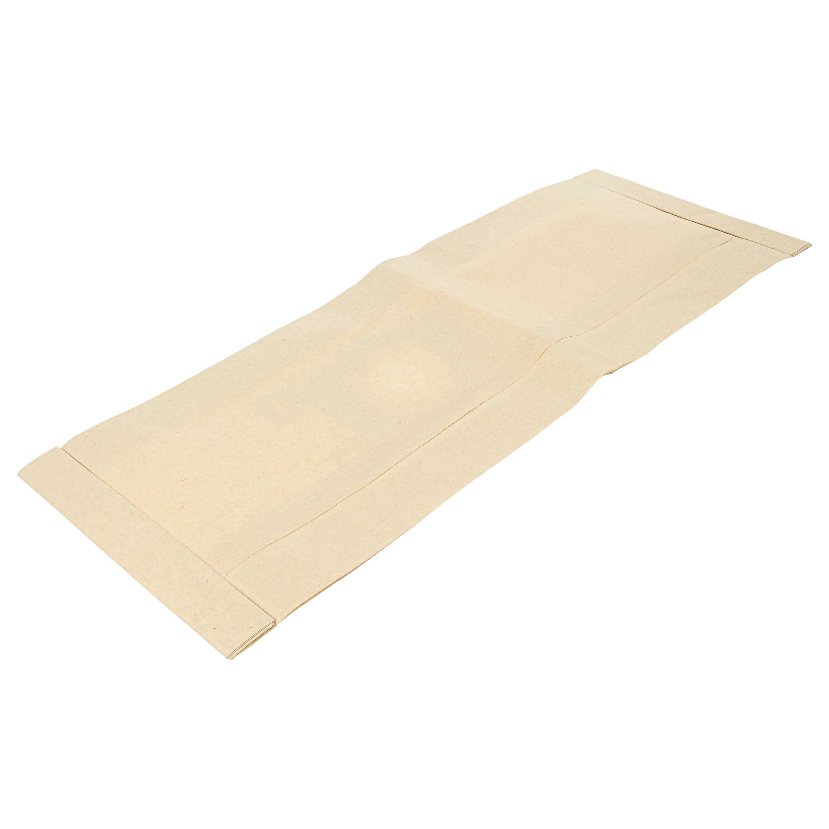 Ein langes, flaches, beiges Papierprodukt liegt auf einer weißen Oberfläche.