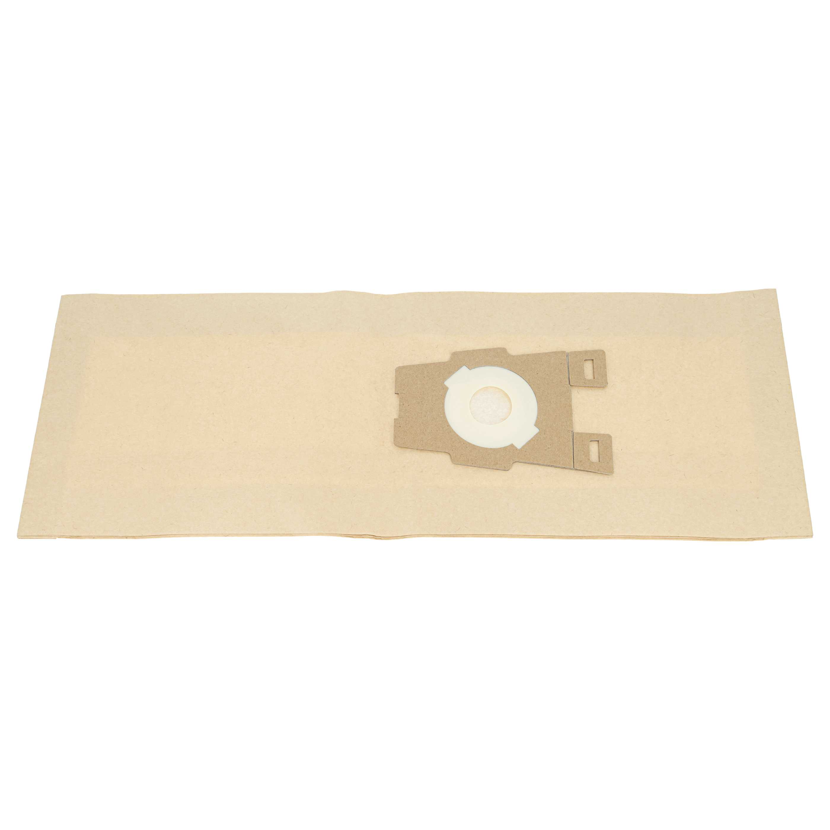 Ein brauner Staubsaugerbeutel aus Papier liegt flach vor einem weißen Hintergrund.