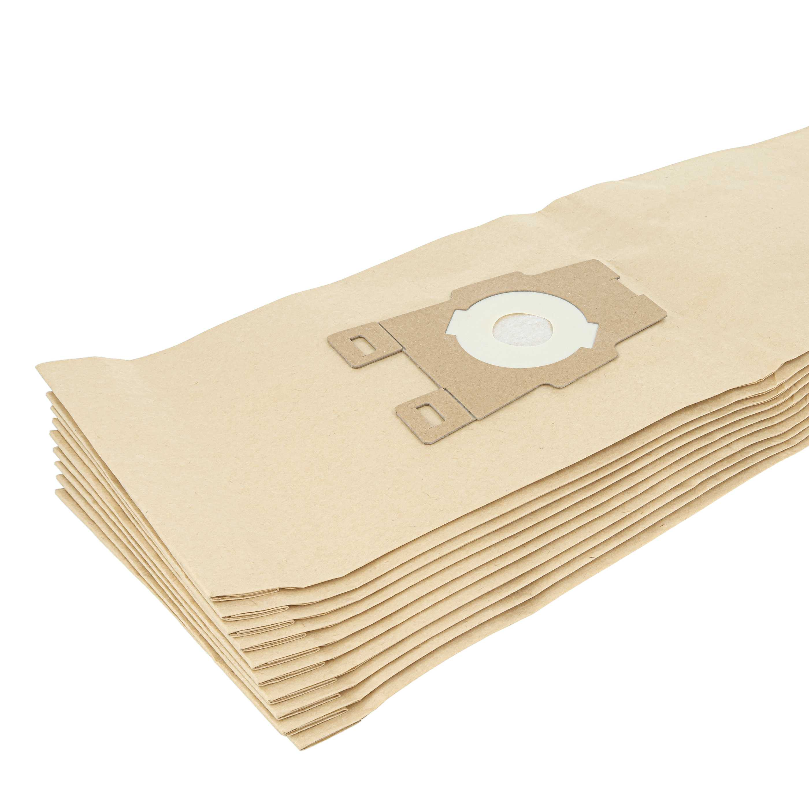 Ein Stapel brauner Staubsaugerbeutel aus Papier mit Pappkragen und weißer Öffnung auf weißem Hintergrund.