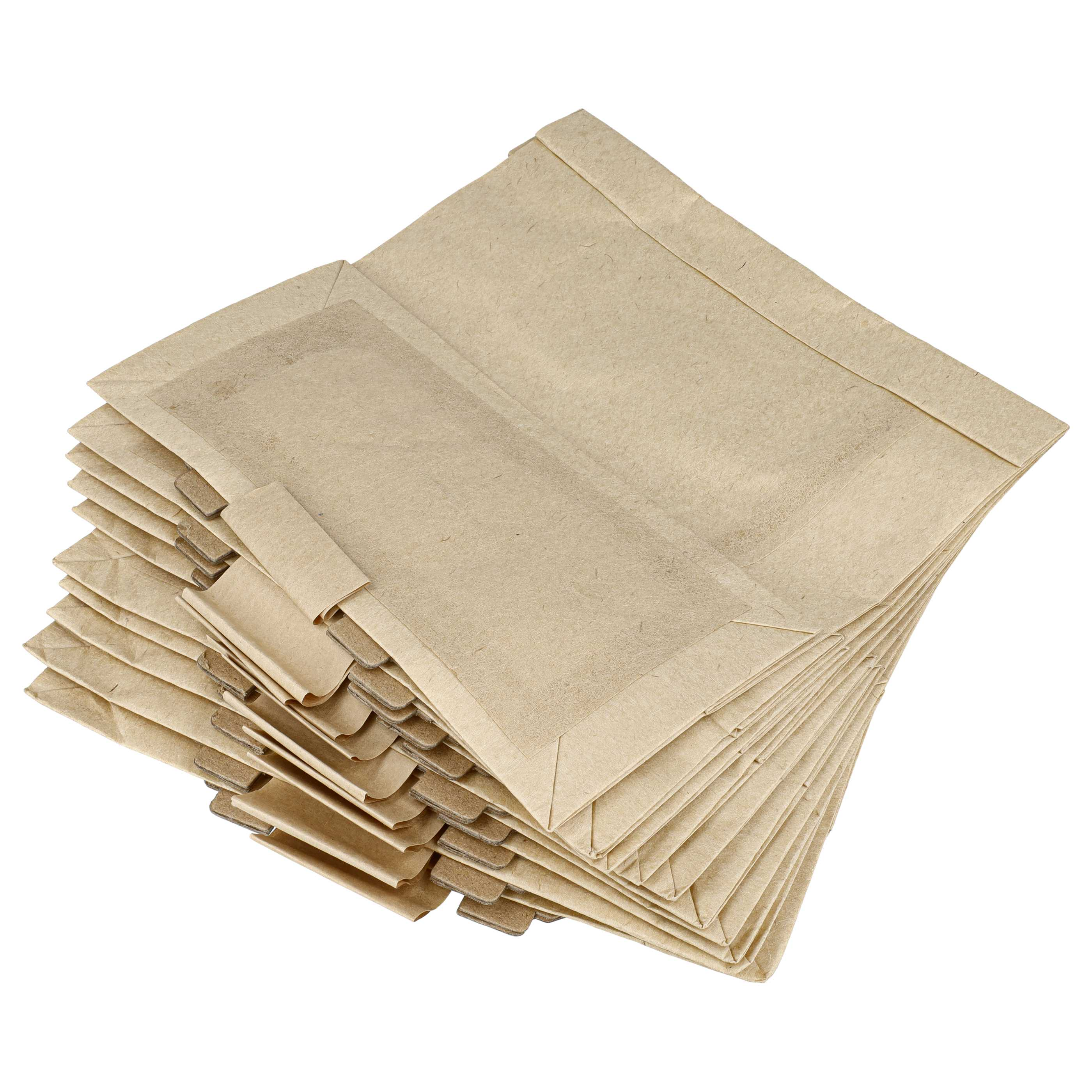 Ein Stapel hellbrauner Papiertüten mit gefaltetem Boden auf weißem Hintergrund.