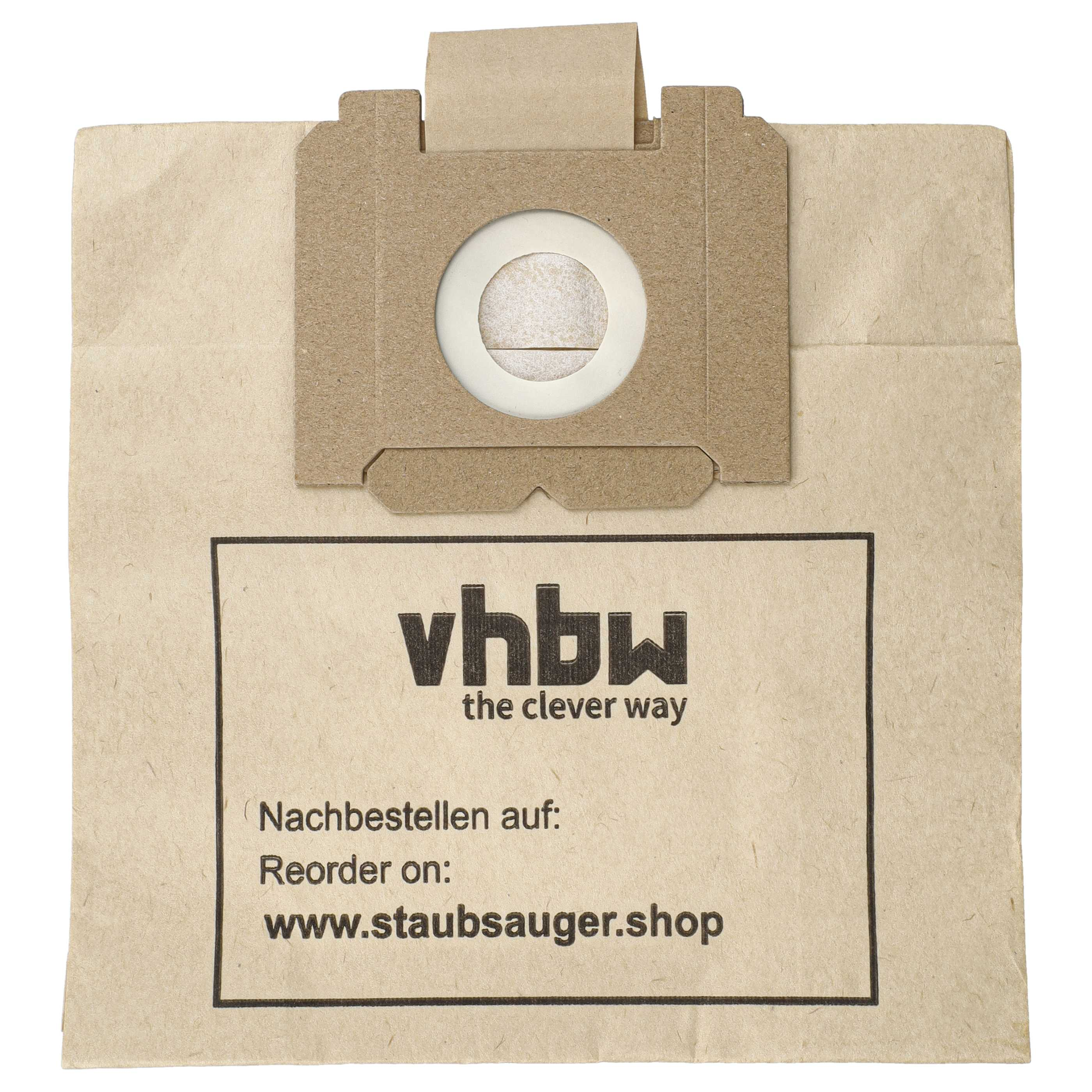 Brauner Staubsaugerbeutel aus Papier mit vhbw-Logo und Kartonhalterung.
