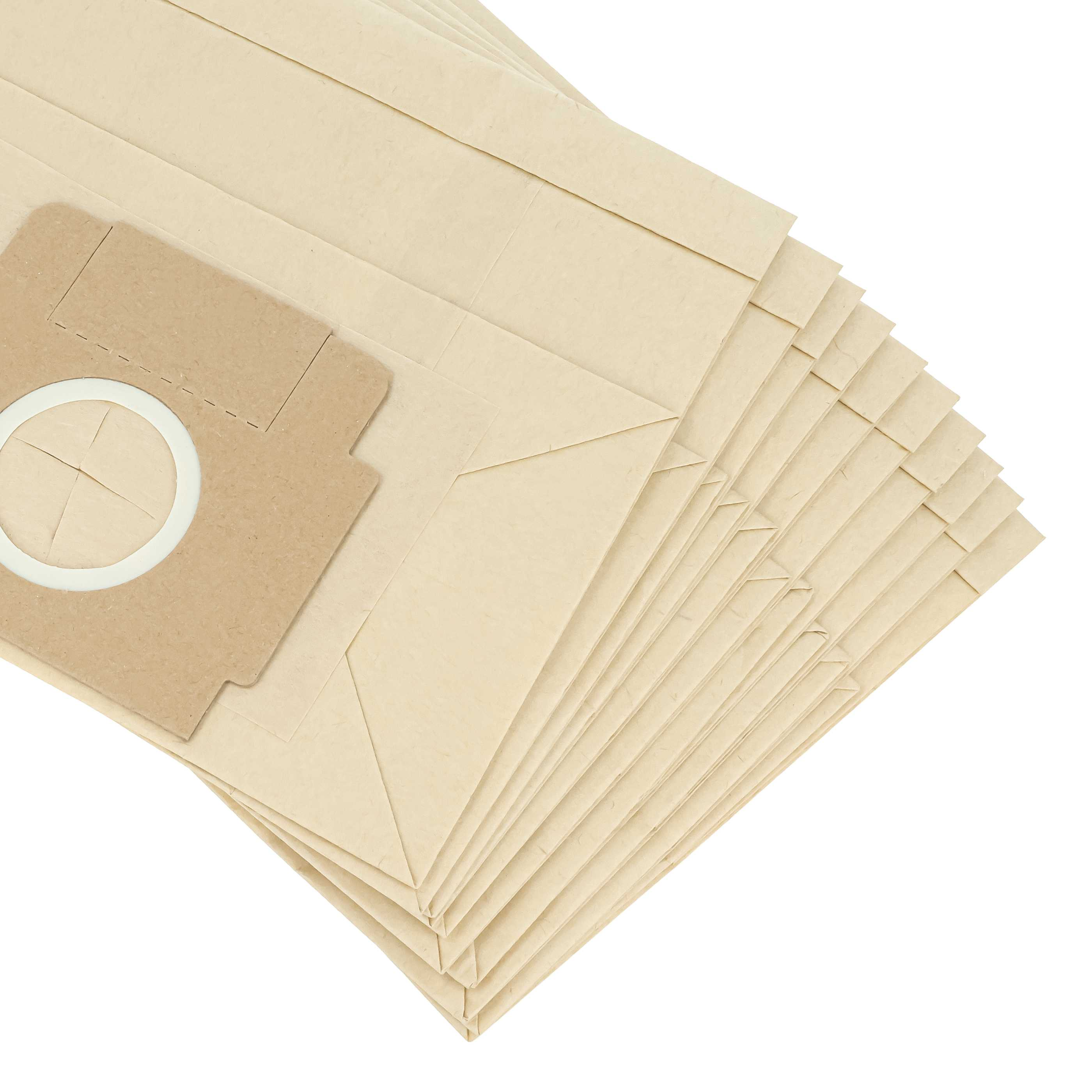 Ein Stapel hellbrauner Staubsaugerbeutel aus Papier auf weißem Hintergrund.