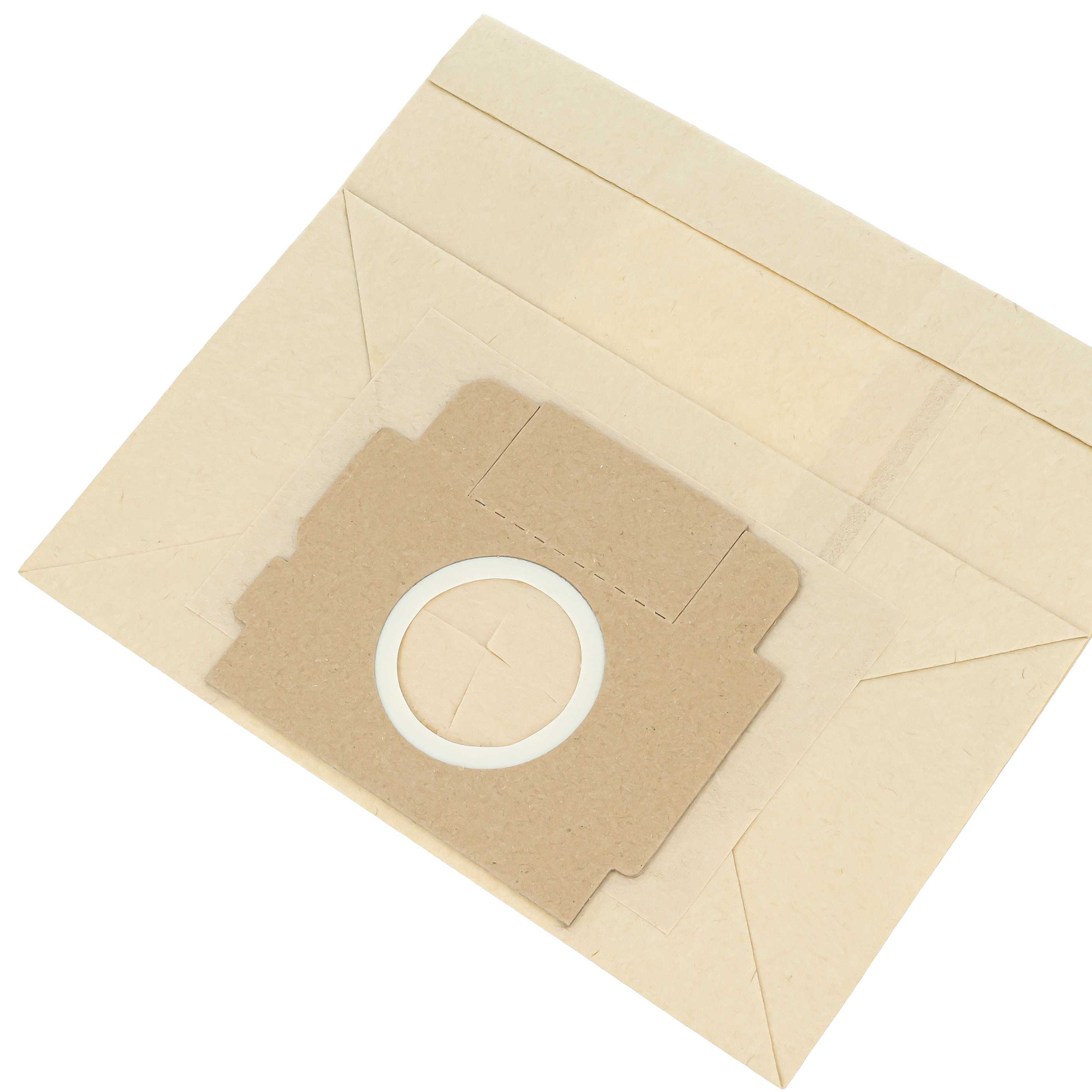 Ein beiger Staubsaugerbeutel aus Papier mit einer runden Kartonöffnung liegt auf weißem Hintergrund.